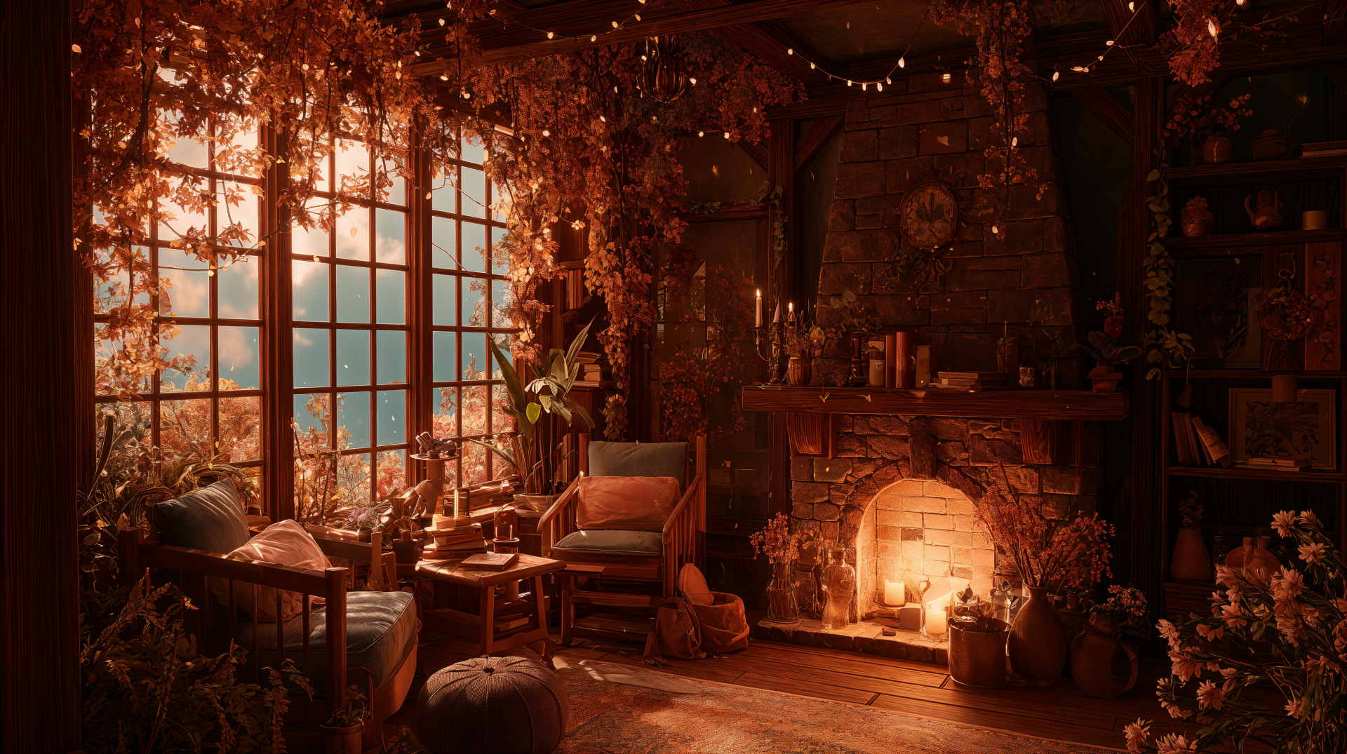 Cozy autumn 4K Ultra HD PC desktop wallpaper: warm living room with glowing fireplace, armchair, books, string lights and a sunlit window framed by fall foliage.