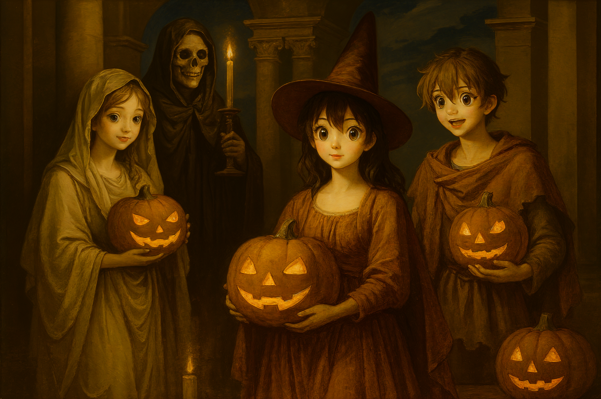 Anime Halloween scene: three kids in costumes and a hooded skeleton holding carved jack-o'-lanterns in a warm candlelit hall — 4K Ultra HD PC desktop wallpaper and background.