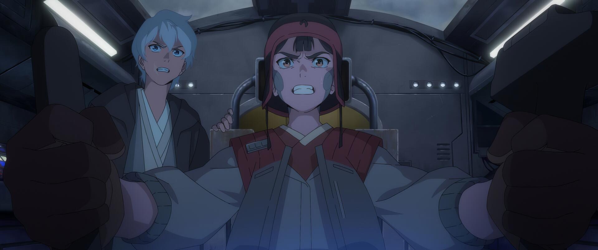 HD PC desktop wallpaper from TV show Star Wars: Visions — two anime pilots in a dim cockpit, a headset-wearing heroine grimacing at the controls with a companion behind.