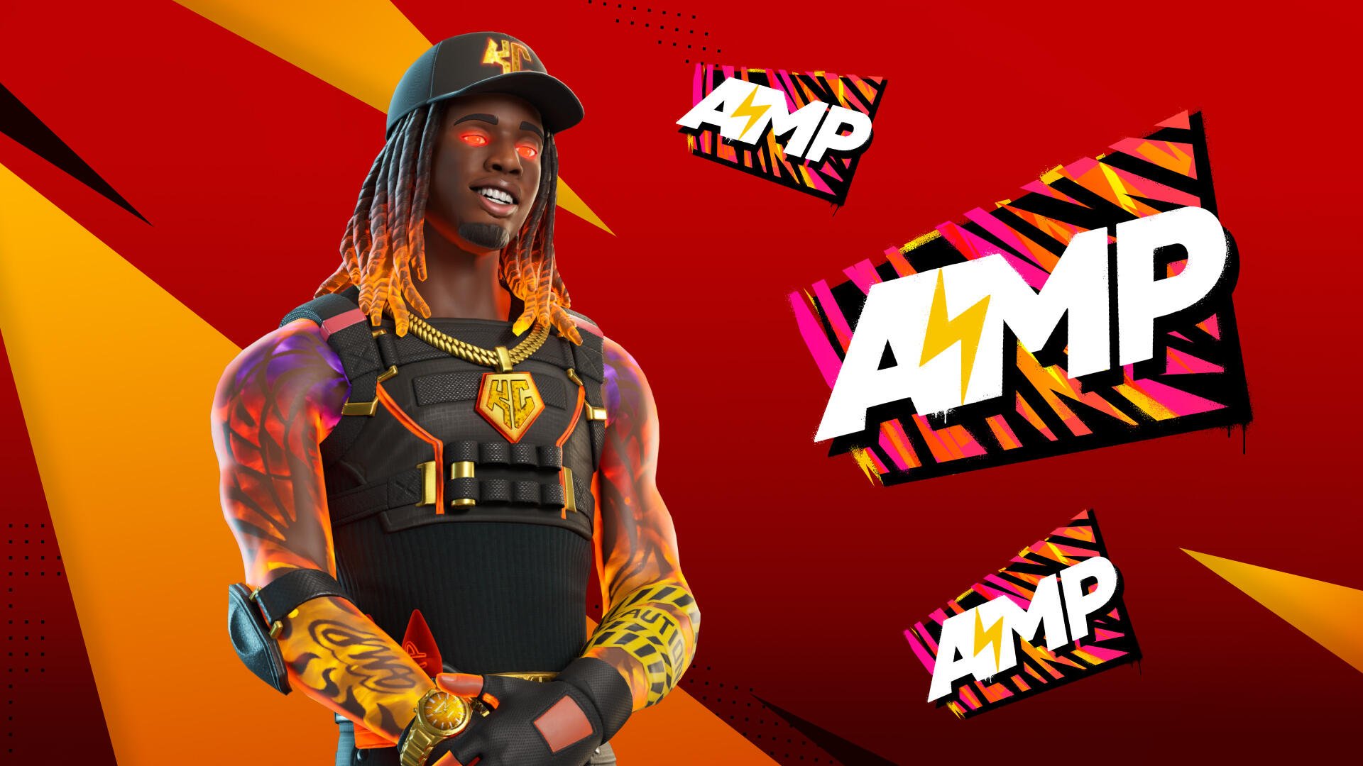 HD Fortnite PC wallpaper of a celebrity streamer character in gold chains and tactical gear against a red-orange background accented with bold AMP logos.