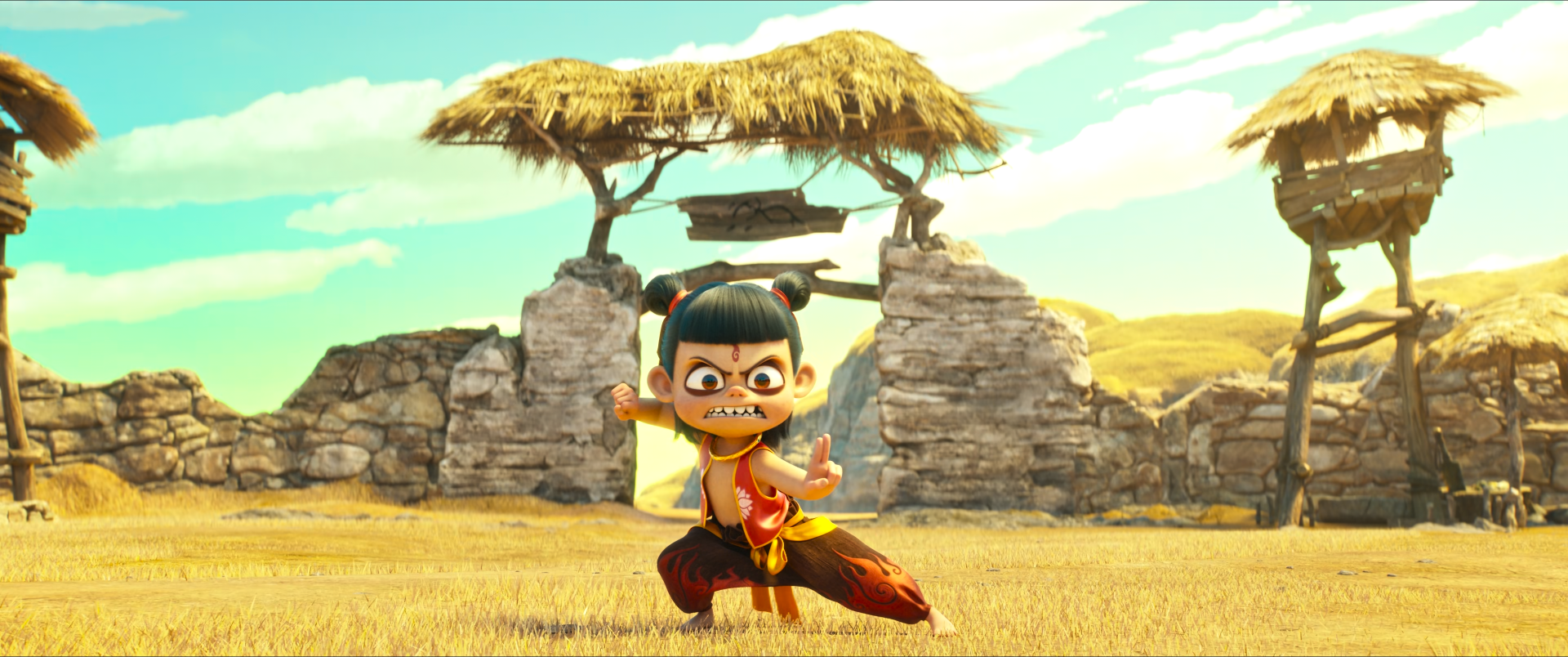 Anime movie wallpaper of Ne Zha striking a martial pose in a sunny grassy field with stone ruins; 2K Quad HD PC desktop background.