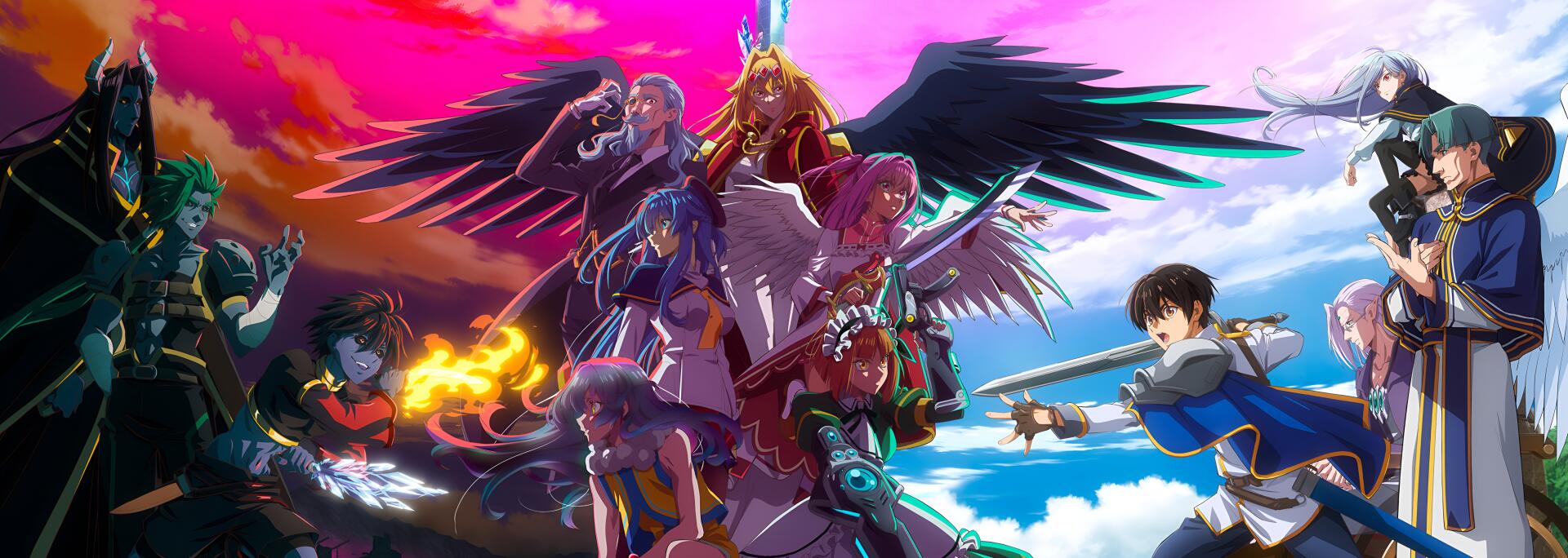 Vibrant anime 2K Quad HD PC desktop wallpaper of A Wild Last Boss Appeared!: winged armored antagonists and a sword-wielding hero posed beneath a dramatic pink-and-blue sky.