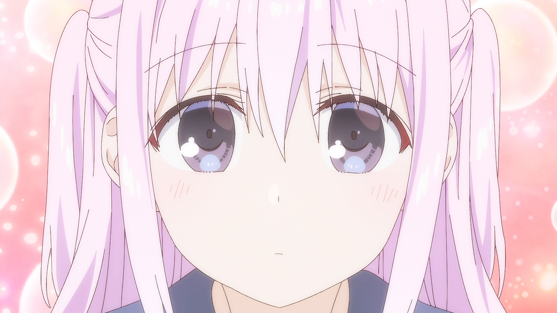 HD anime wallpaper: close-up of inexpressive Kashiwada (from Inexpressive Kashiwada and Expressive Oota), pale pink hair, large gray eyes, soft pink bokeh background.