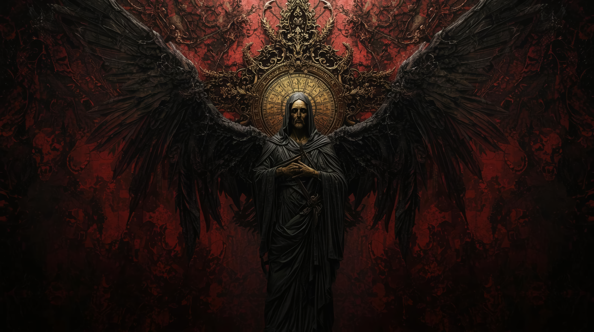 Dark aesthetic wall art showing a hooded, winged figure with ornate halo and outstretched black wings against a blood-red textured background — 2K Quad HD PC desktop wallpaper.
