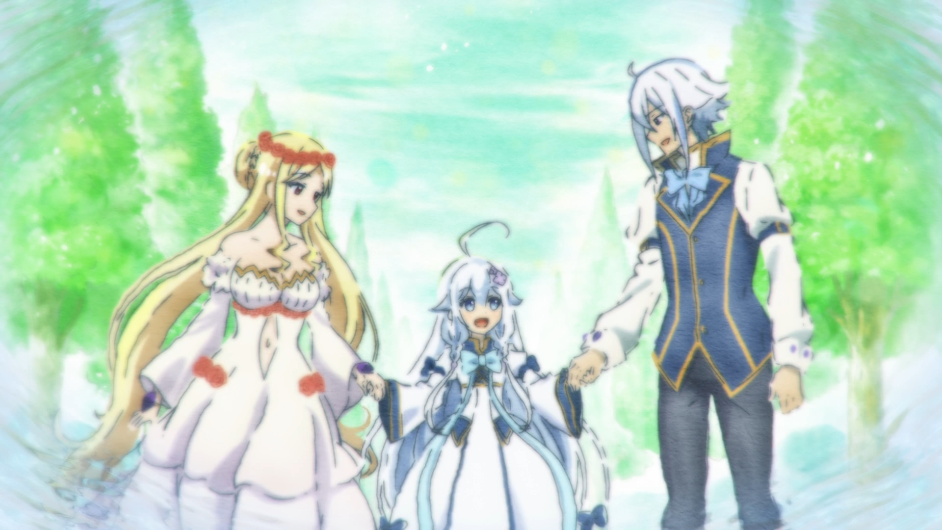 HD PC desktop wallpaper from the anime Dad is a Hero, Mom is a Spirit, I'm a Reincarnator depicting Ellen, Rovel Vankreift and Origin holding hands in a sunlit garden.