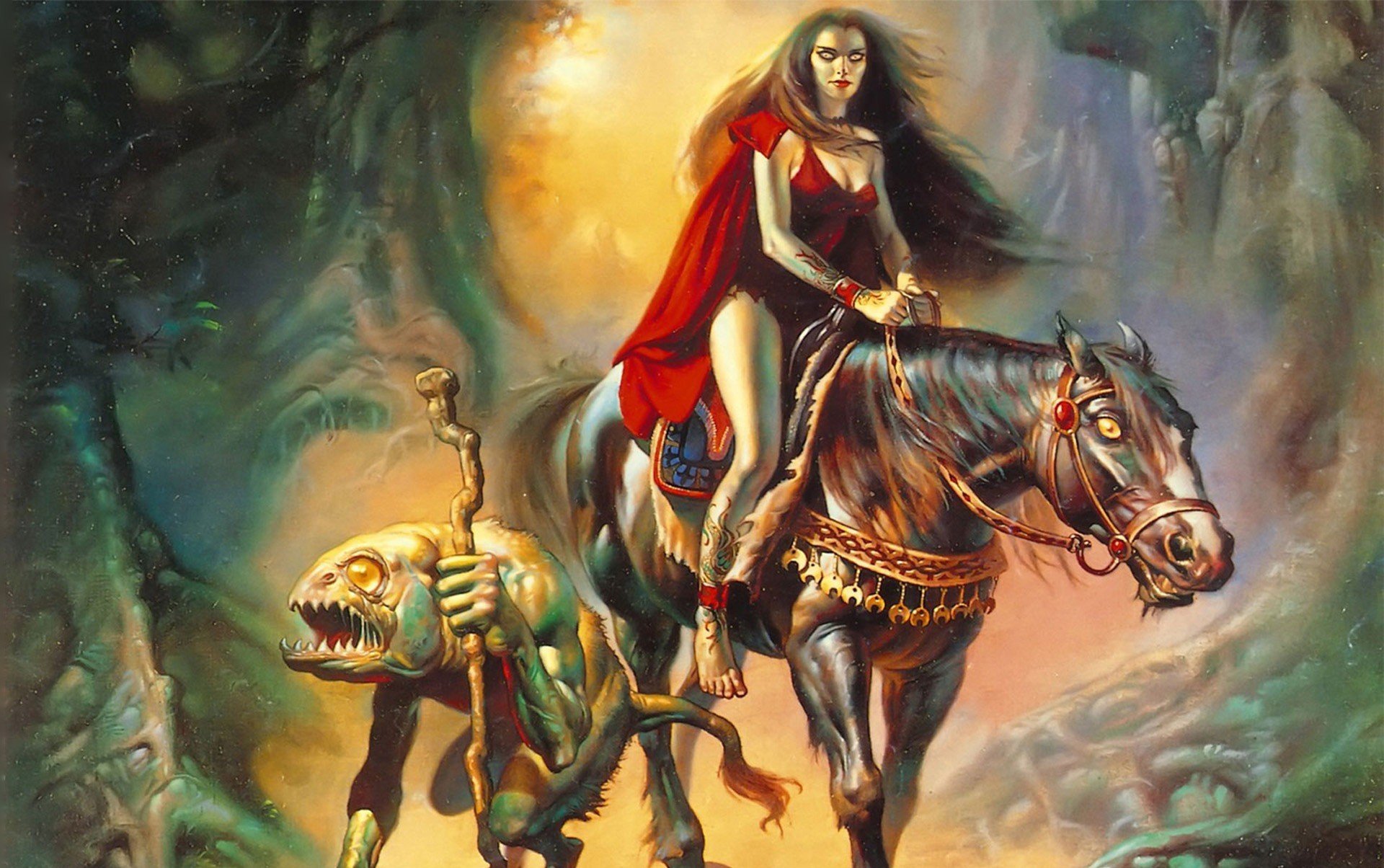 A fantasy-themed HD desktop wallpaper featuring a mysterious woman in a flowing red cloak riding a horse, accompanied by a sinister creature, set in a mystical forest landscape.