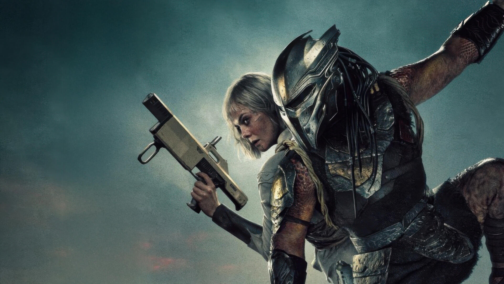 Predator: Badlands 4K Ultra HD PC wallpaper — armored Predator looming over a silver‑haired warrior woman holding a futuristic rifle in misty badlands.