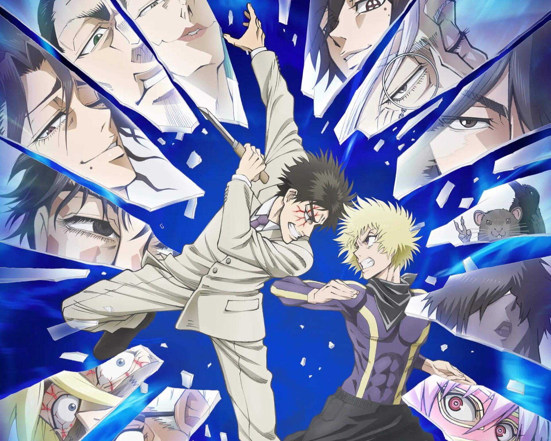 Anime HD PC desktop wallpaper/background: Ninja vs. Gokudo — a ninja and blond Gokudo clash midair amid blue shattered-glass rays, framed by intense rival portraits.
