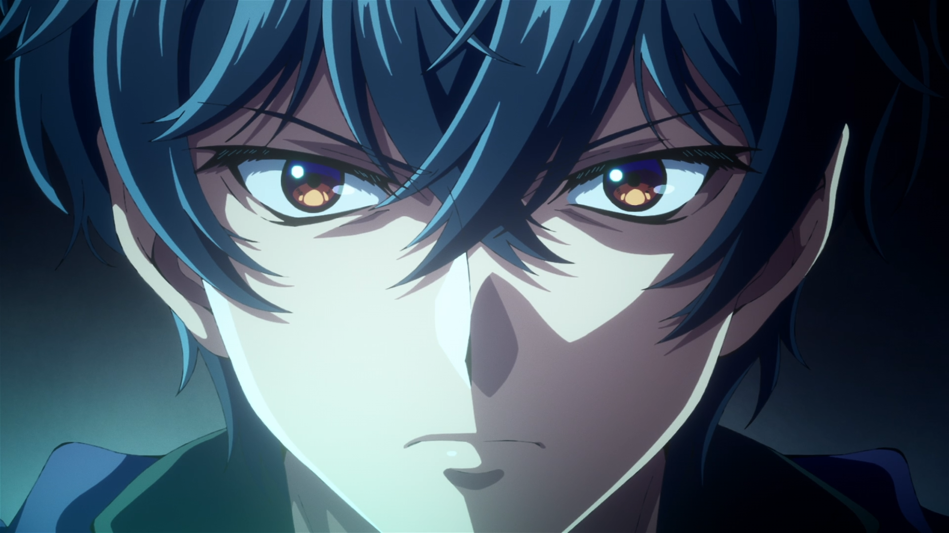 Close-up HD anime wallpaper of Akira Oda from My Status as an Assassin Obviously Exceeds the Hero’s, intense amber eyes, teal hair, and dramatic shadowed lighting.