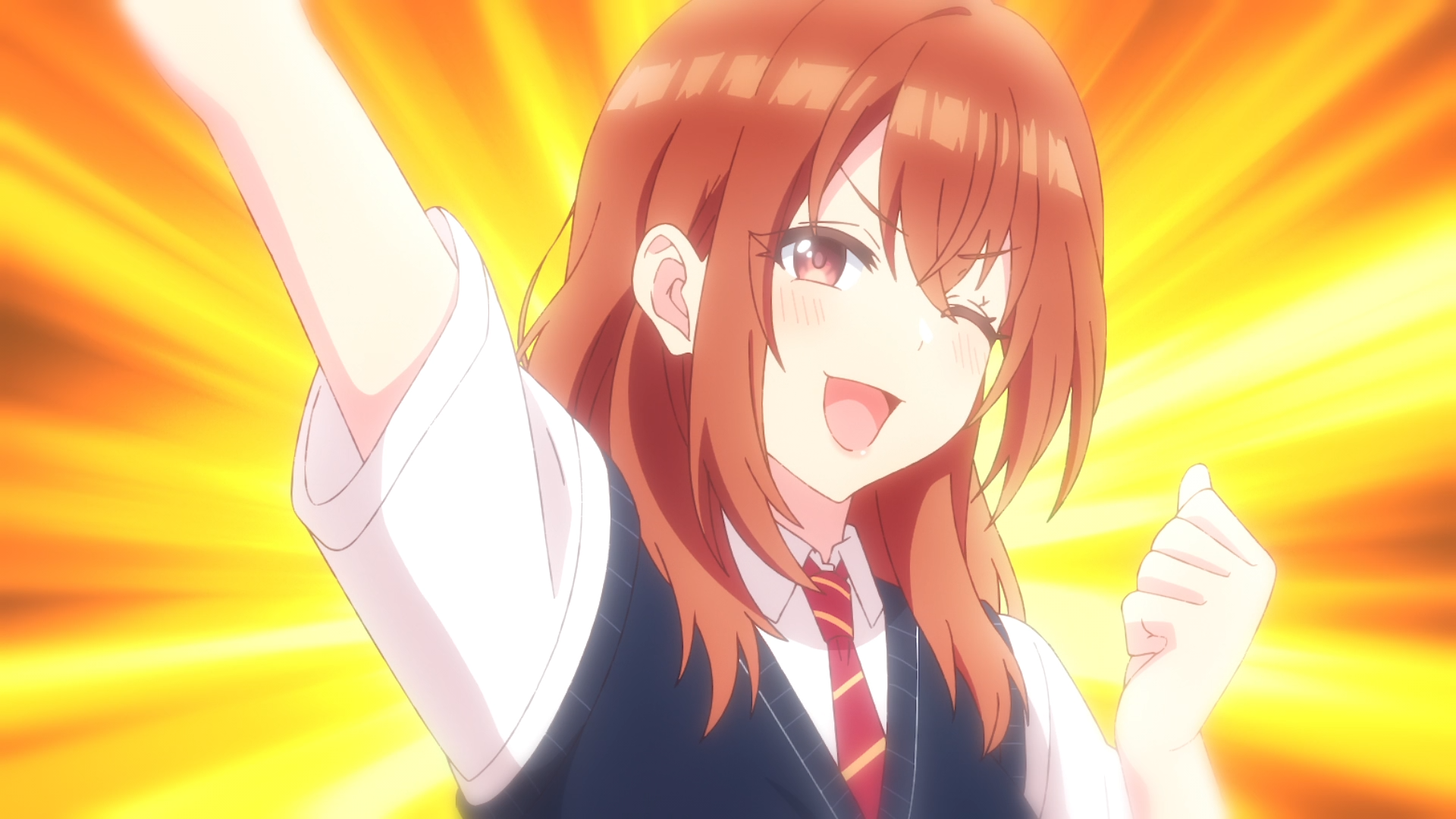 Anime HD PC desktop wallpaper: Iroha Kohinata from My Friend's Little Sister Has It In for Me!, smiling and cheering with a vibrant yellow-orange background.