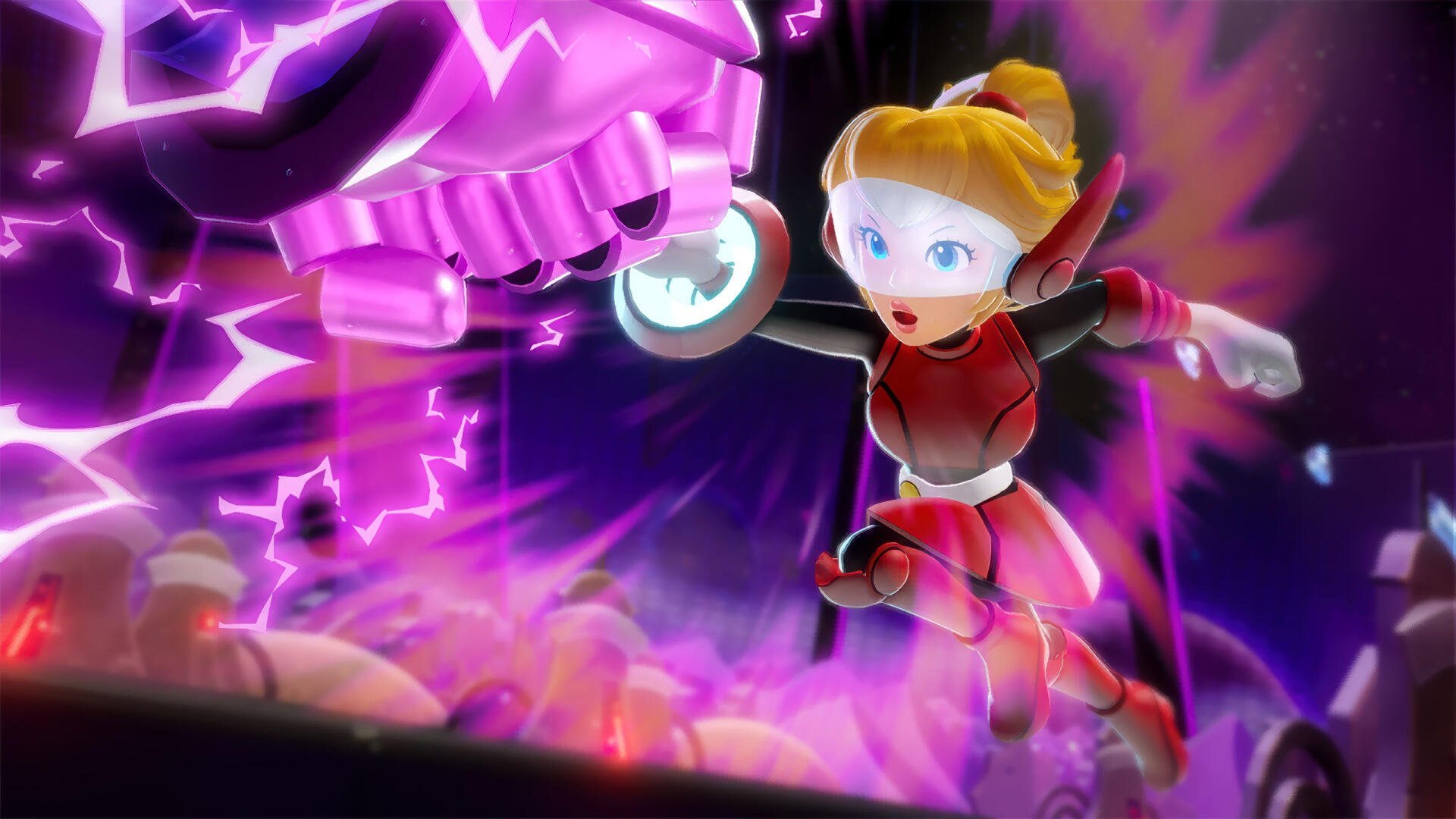 Princess Peach from Princess Peach Showtime! in red armor lunges at a glowing purple mech amid neon energy bursts — HD PC desktop wallpaper and background.