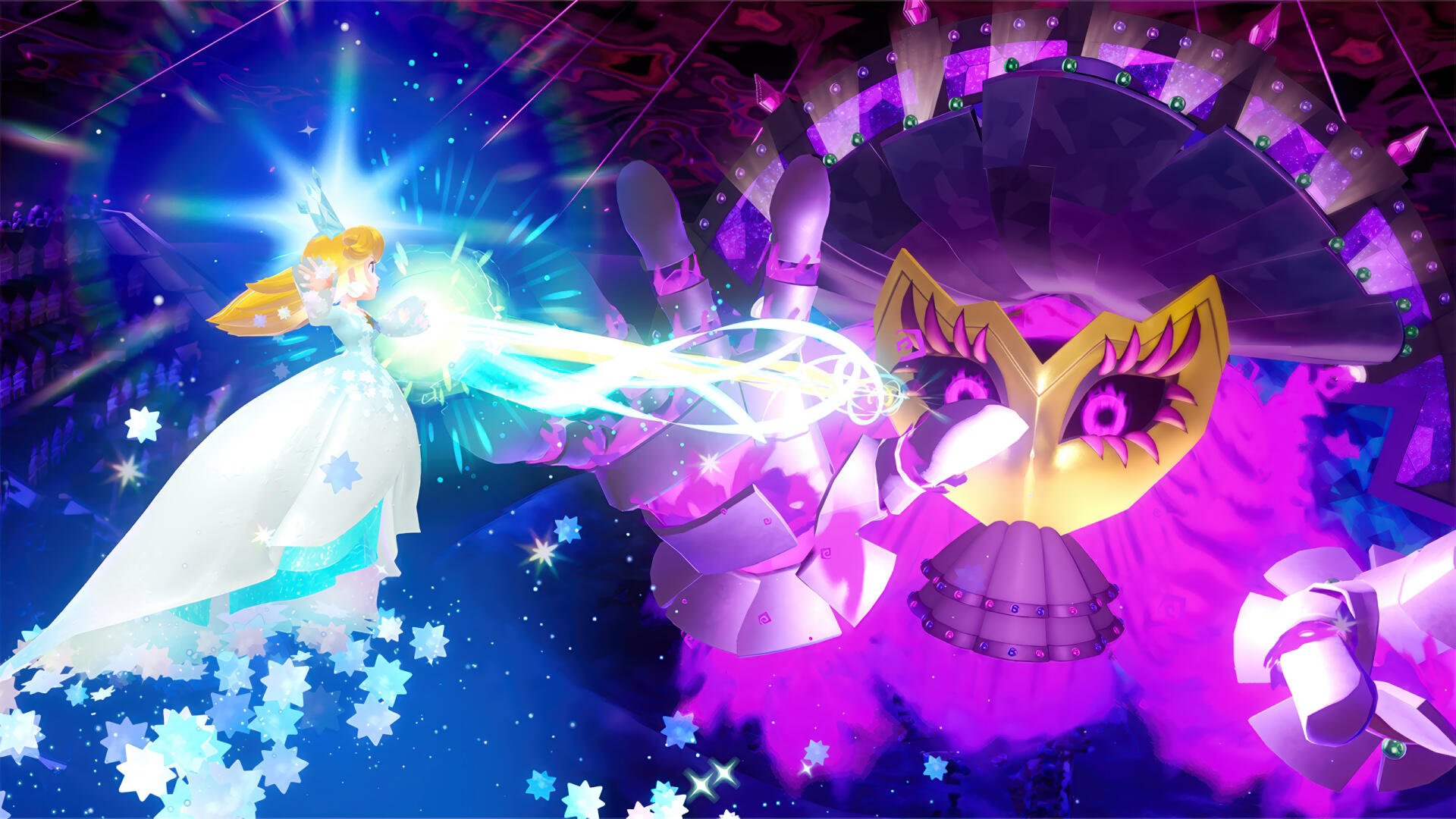Princess Peach Showtime! HD PC desktop wallpaper background: Princess Peach in a white gown fires a sparkling magic beam at a purple masked mechanical foe amid neon lights and starry effects.