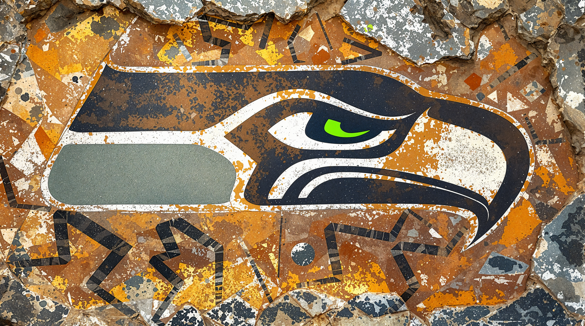 Grunge-style Seattle Seahawks logo with neon green eye on a rusted orange and gray textured backdrop — 4K Ultra HD PC desktop wallpaper and background.