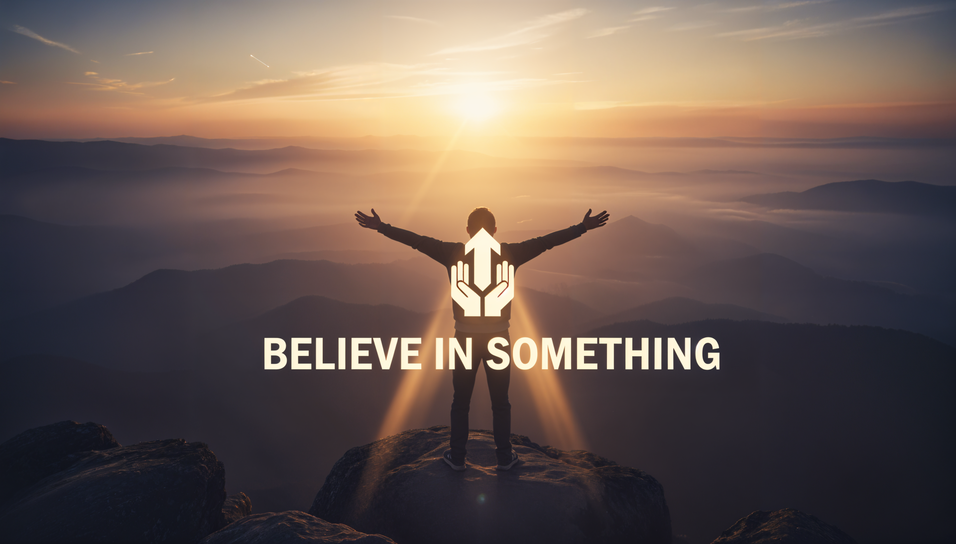 Motivational 4K Ultra HD PC desktop wallpaper: silhouetted person with arms outstretched on a mountaintop at sunrise, caption 'BELIEVE IN SOMETHING'.