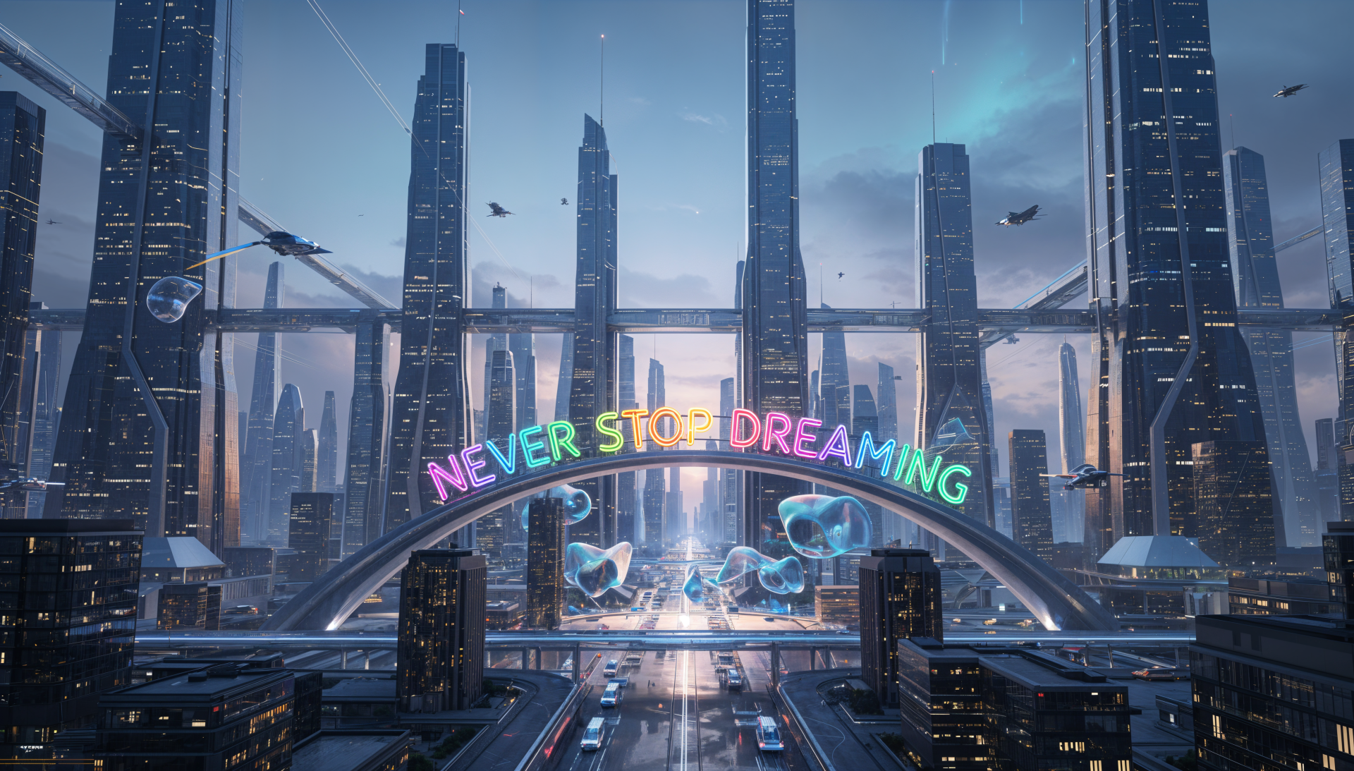 4K Ultra HD PC desktop wallpaper background: futuristic cityscape with neon arch reading Never Stop Dreaming, flying vehicles and towering skyscrapers — motivational.
