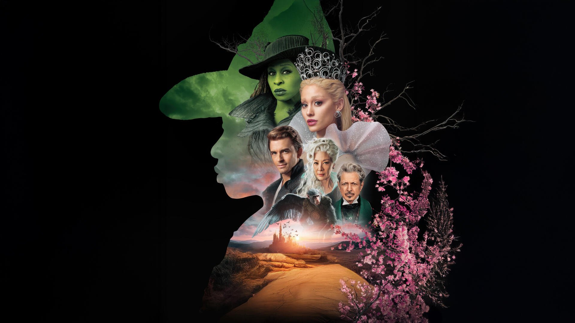 Wicked: For Good 5K Ultra HD PC desktop wallpaper — silhouette collage with a green-skinned witch, other characters, a sunset road and pink blossoms on a black background.