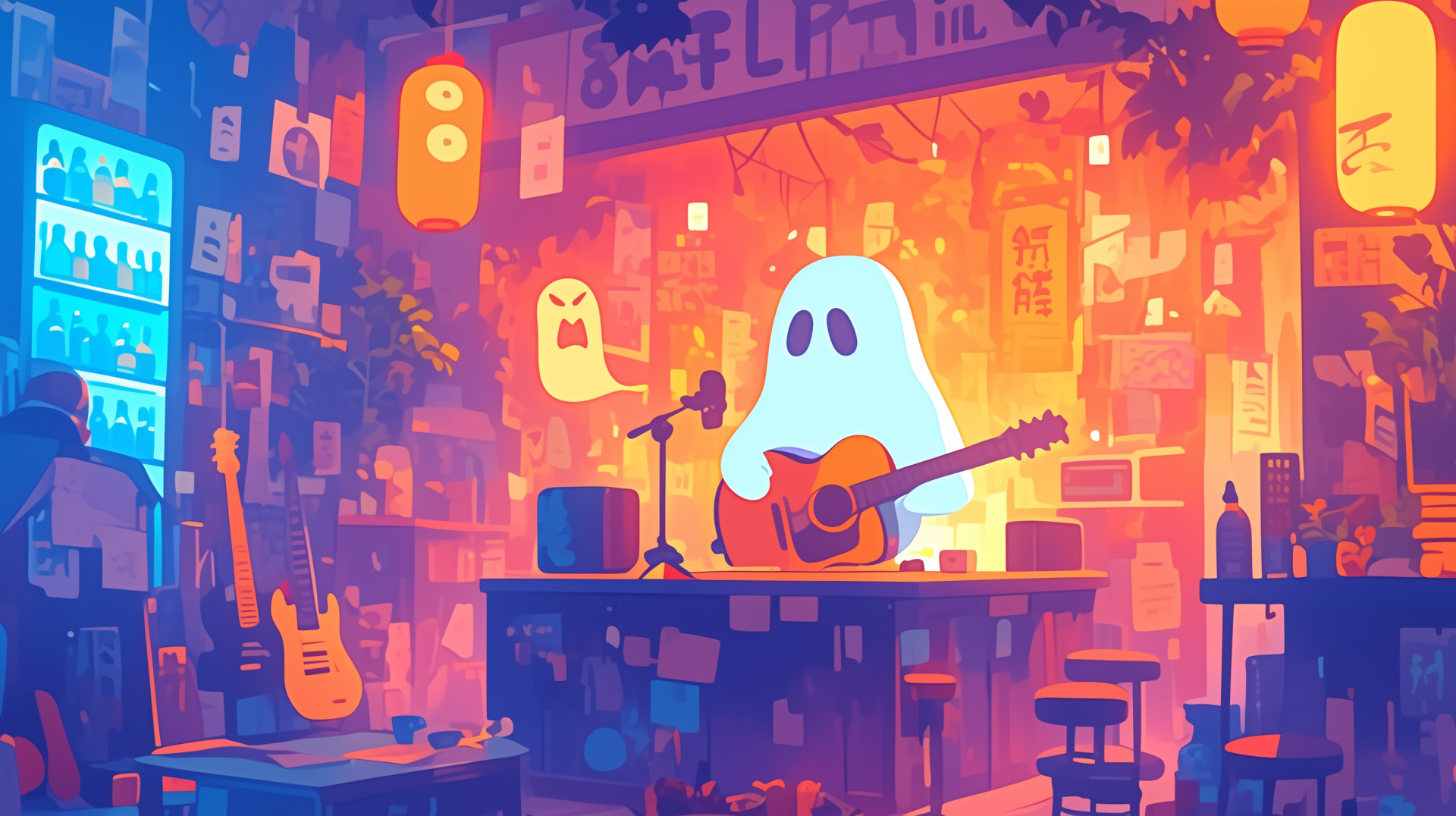 Cute ghost strumming a guitar in a neon, aesthetic anime bar — AI Art 2K Quad HD PC desktop wallpaper/background.