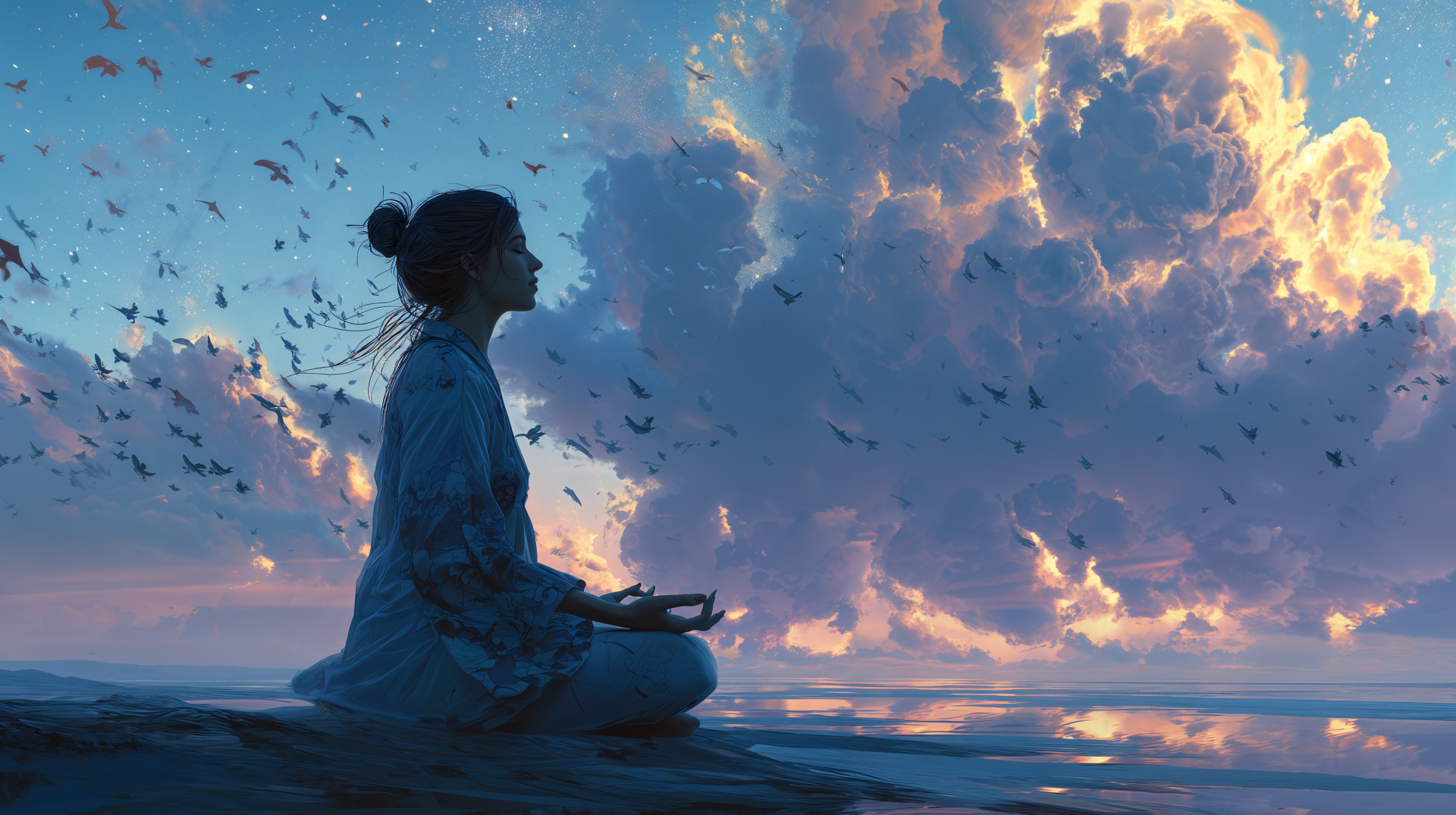 Silhouetted woman meditating by the sea at sunset, birds and radiant clouds above — serene peaceful energy; 4K Ultra HD PC desktop wallpaper/background.