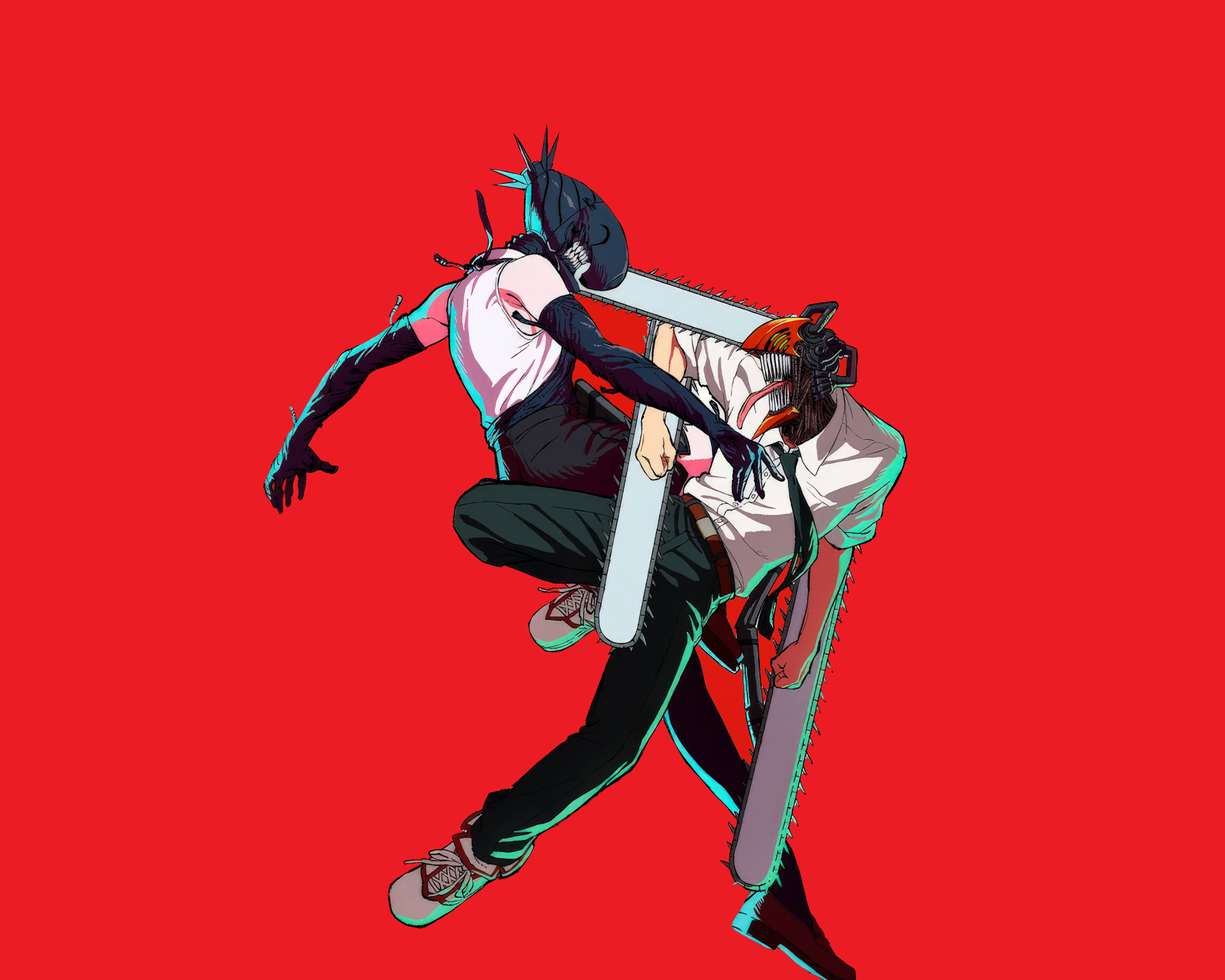 4K Ultra HD PC desktop wallpaper of the anime Chainsaw Man: Reze (Chainsaw Man) and Denji (Chainsaw Man) clash midair, chainsaw limbs flashing against a vivid red background.