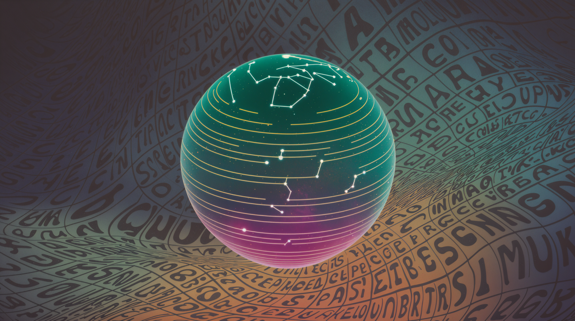 Glowing teal-to-magenta energy orb traced with constellation lines, hovering above a textured typographic plane — 4K Ultra HD PC desktop wallpaper and background.
