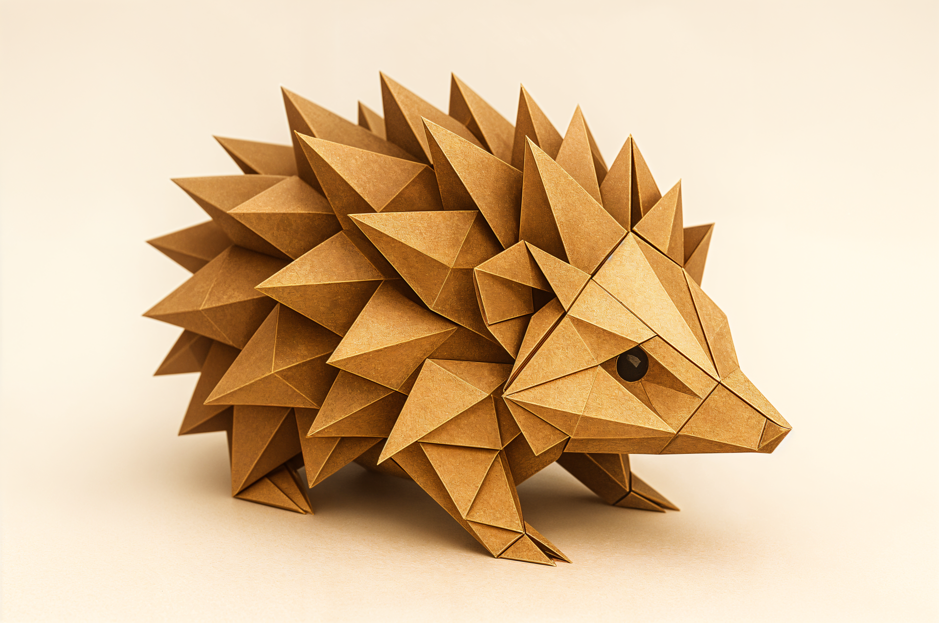Geometric folded-paper hedgehog in warm beige tones, presented as a 4K Ultra HD PC desktop wallpaper and background.