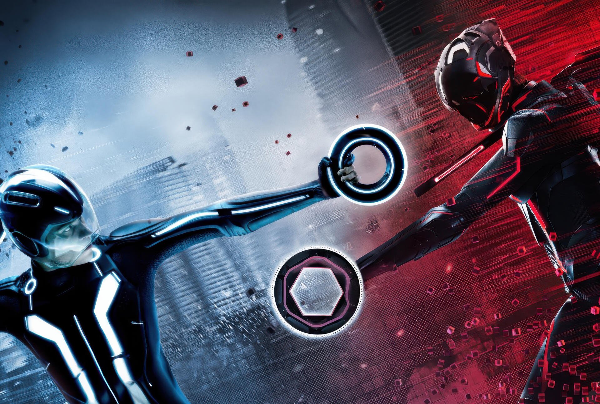 TRON: Legacy 4K Ultra HD PC wallpaper of two neon-suited riders, blue and red, reaching across a split cityscape while each holds a glowing identity disc.