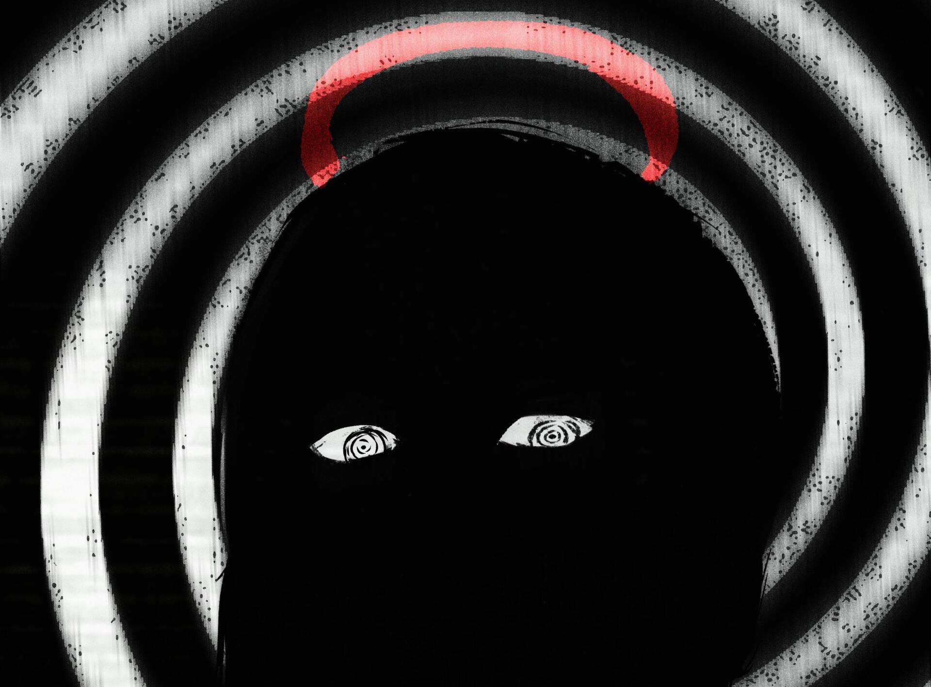 2K Quad HD horror wallpaper of Makima (Chainsaw Man): black silhouette framed by spiraling white rings, stark anime eyes and a faint hint of red horns.