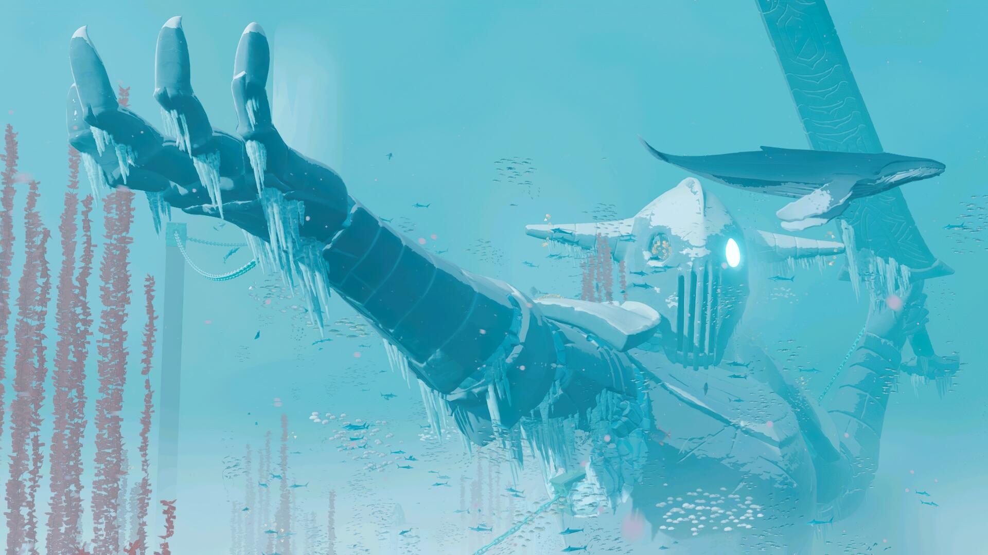 Video game Sword of the Sea 4K Ultra HD PC desktop wallpaper: a ghostly armored knight reaching through sunlit turquoise waters, light and drifting debris scattering around the outstretched hand.