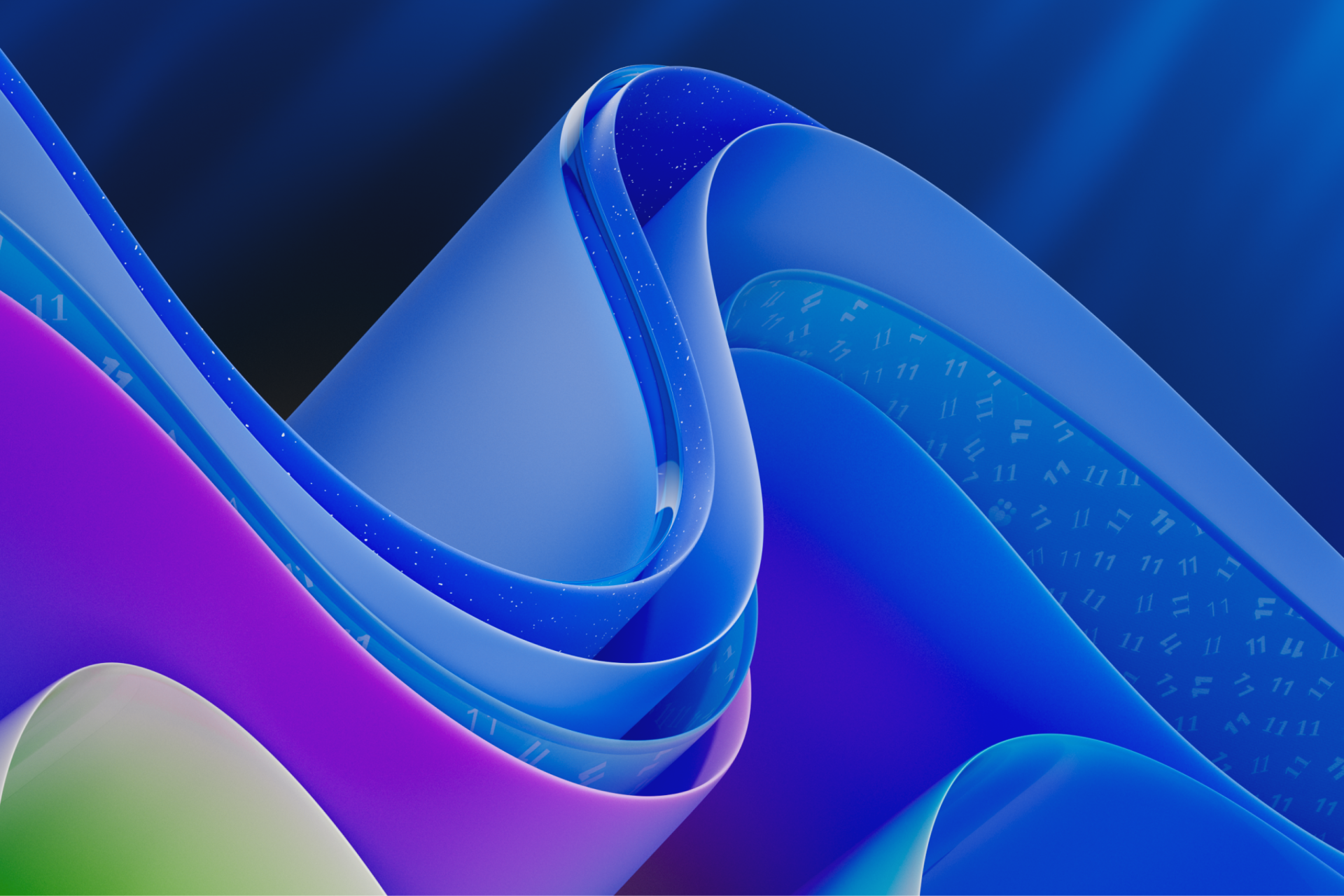 Windows 11 dark abstract 3D waves wallpaper in navy blue and violet gradients — 2K Quad HD PC desktop background (Papel de Parede Escuro Abstrato 4K, Ondas 3D Escuras).