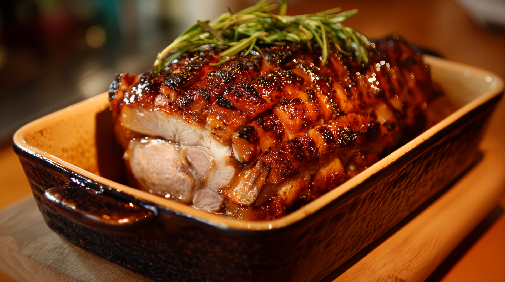 4K Ultra HD PC desktop wallpaper background of glazed roast pork with crispy crackling and rosemary in a roasting pan, close-up food image.