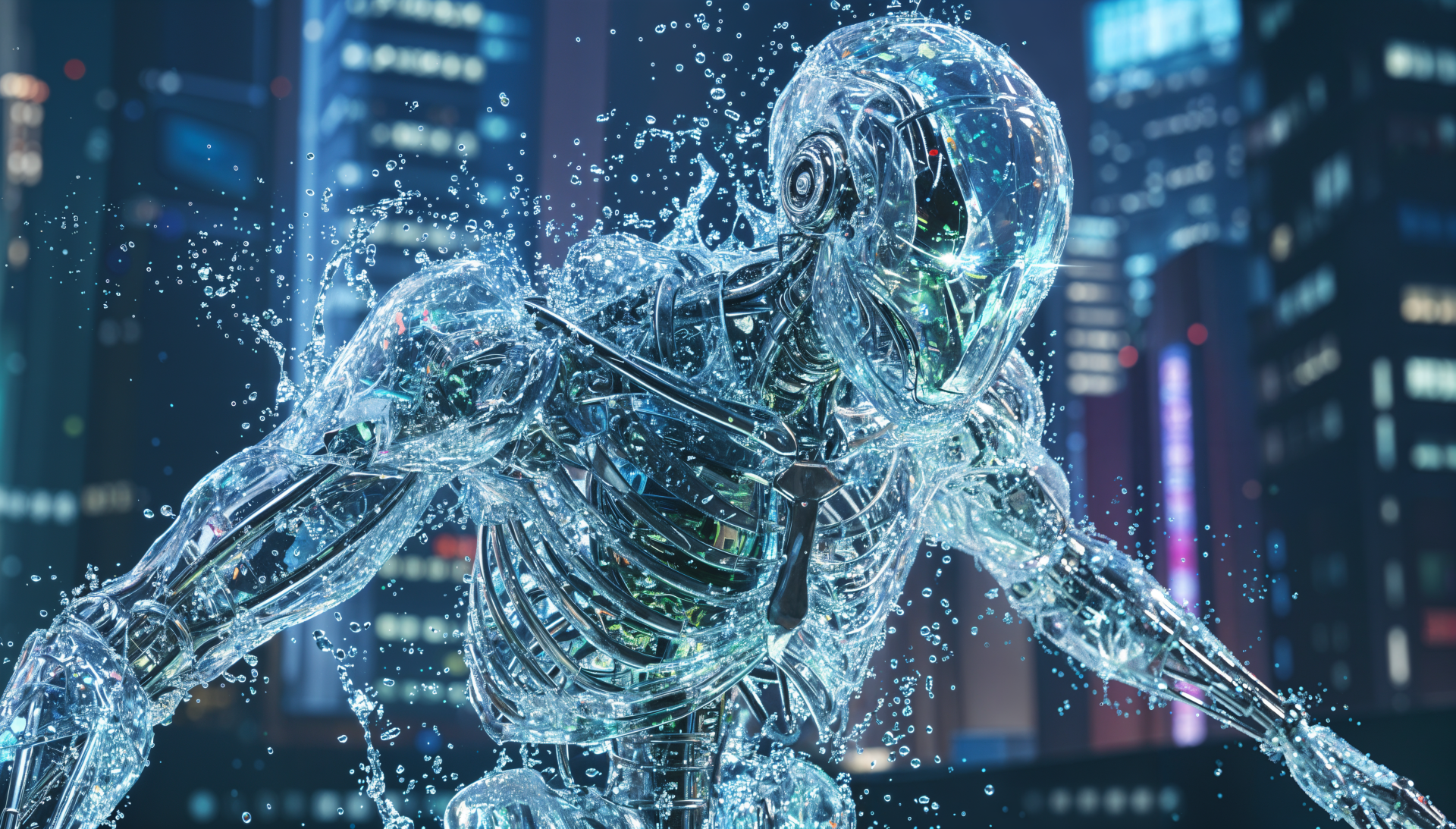 Translucent glass-like robotic humanoid sprinting through a neon-lit futuristic city, exposed circuitry and water droplets — 4K Ultra HD PC desktop wallpaper.