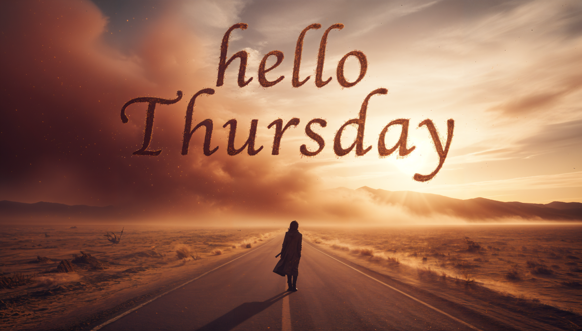 4K Ultra HD PC desktop wallpaper: lone figure walking down an empty road toward a glowing sunset under dramatic clouds with hello Thursday scripted across the sky.