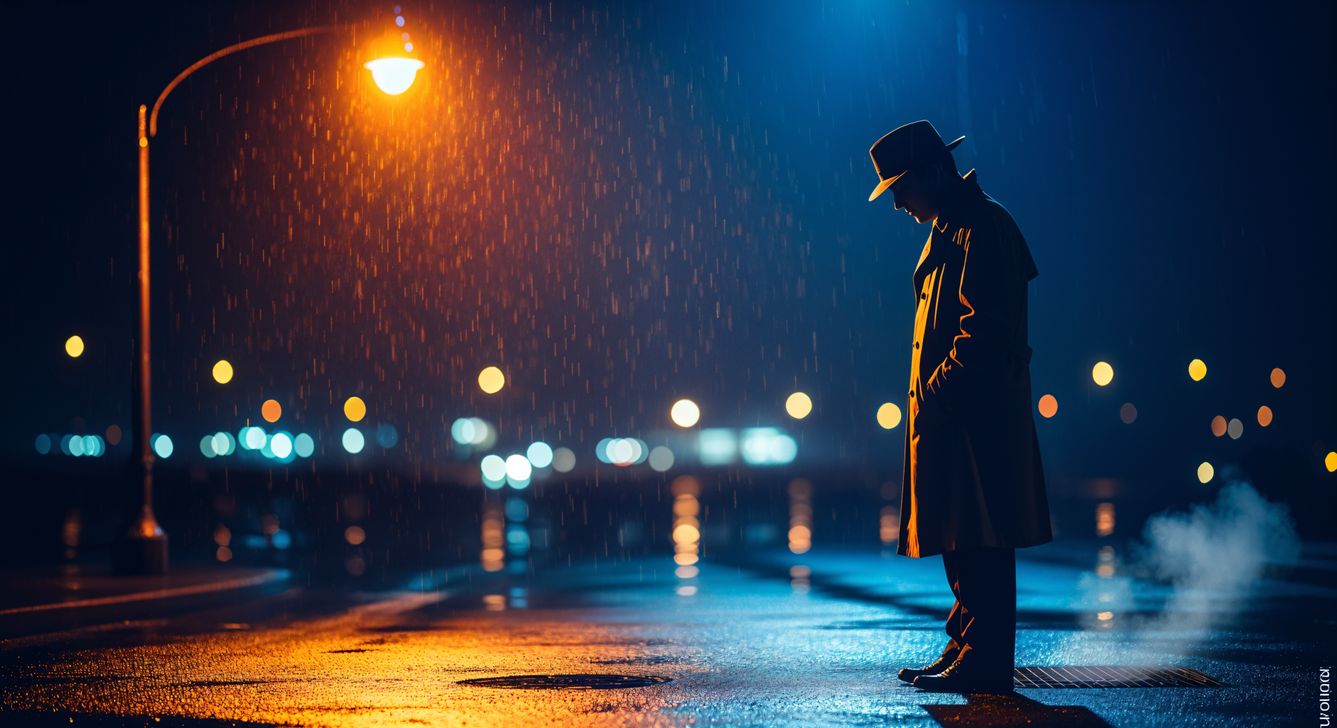 4K Ultra HD PC desktop wallpaper: silhouetted figure in trench coat and hat standing in rain under a glowing streetlamp, city lights and wet pavement reflections.