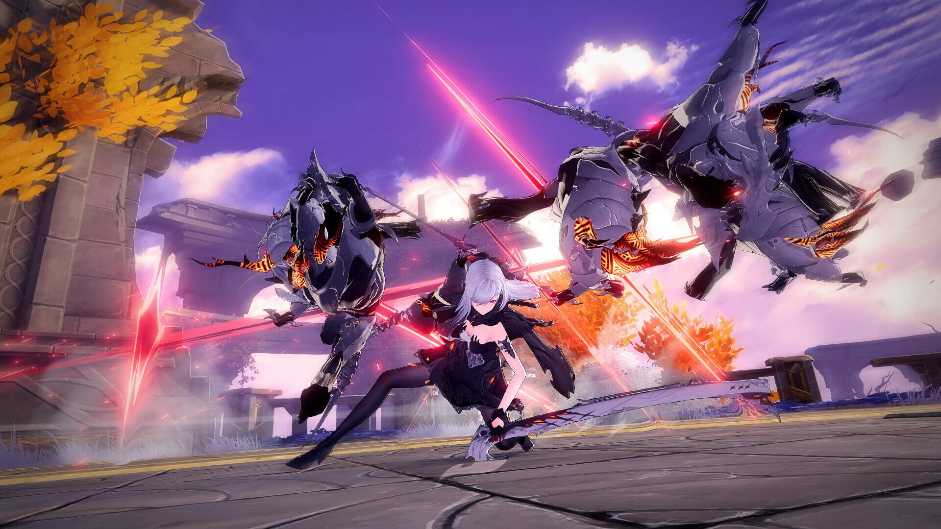 HD PC desktop wallpaper/background from the video game Duet Night Abyss: cloaked protagonist battling three flying mechs with red energy blades under a purple sky.