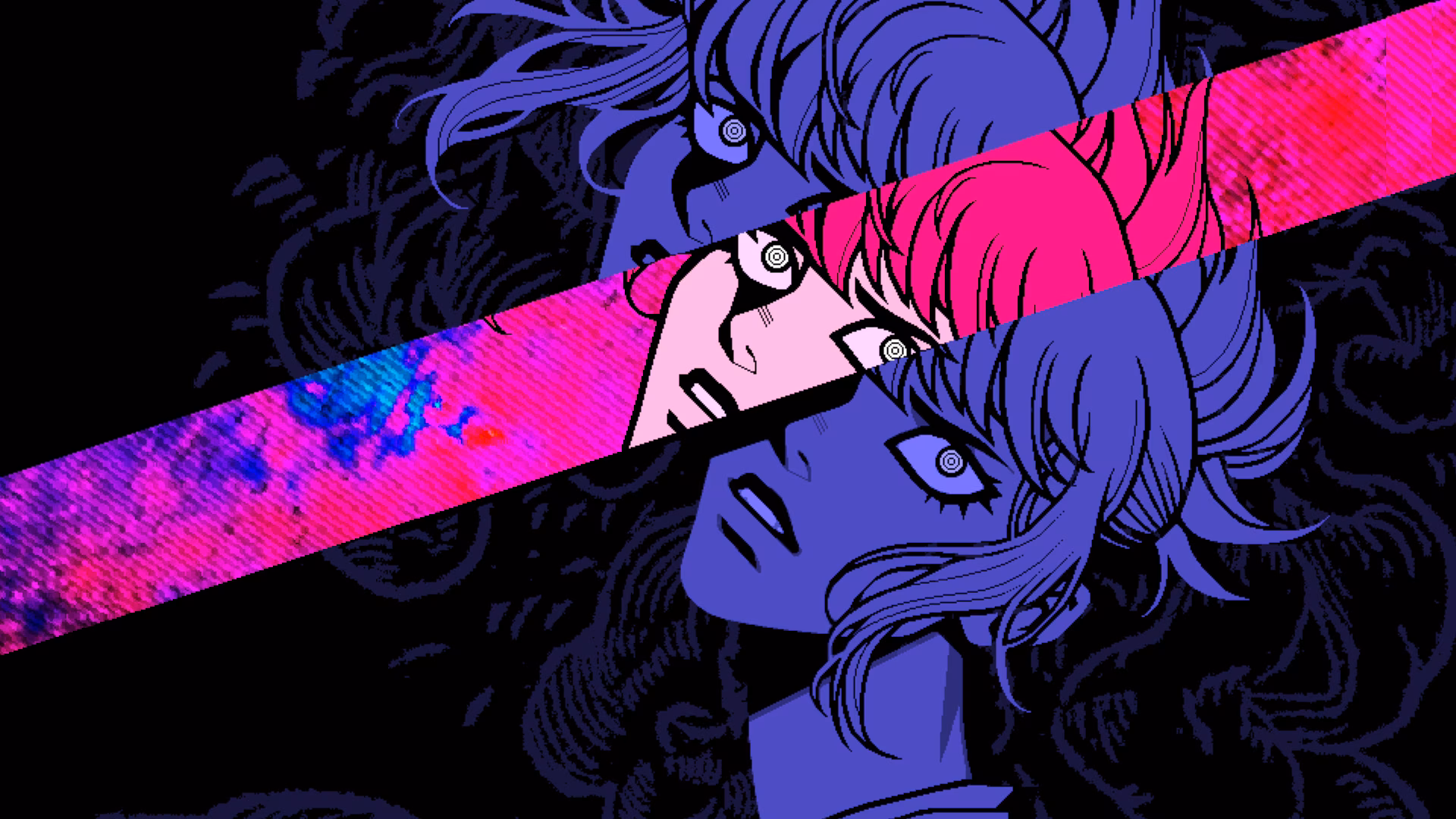 4K Ultra HD PC desktop wallpaper for the video game Demonschool: stylized split-faced character portrait in neon pink and blue with a diagonal glitch stripe over a dark, ornate background.