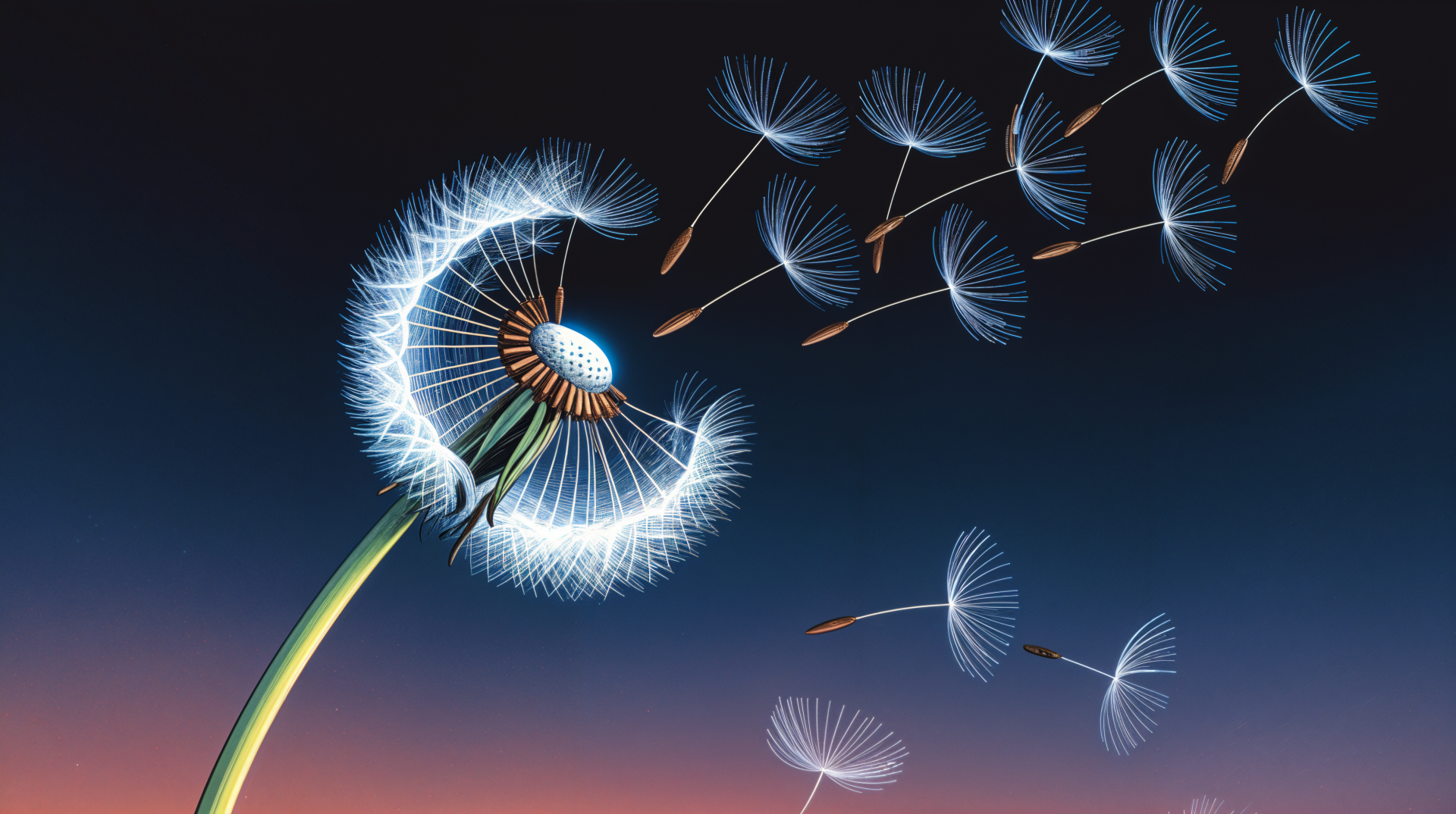 4K Ultra HD PC desktop wallpaper and background: a luminous dandelion head releasing delicate, wispy seeds drifting across a dusky gradient sky at sunset.