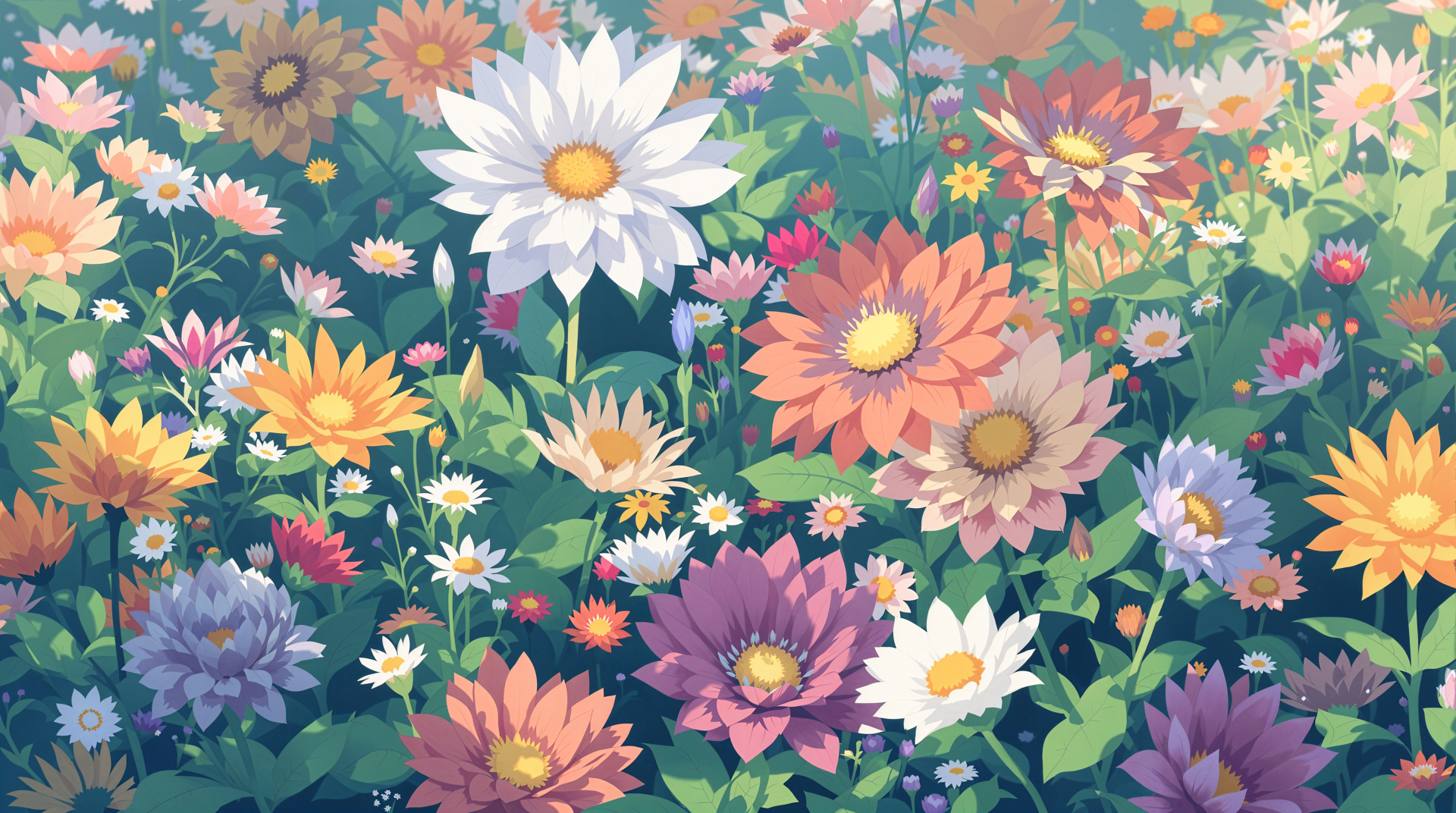 Aesthetic flowers rendered in vibrant pastel colors — a detailed 4K Ultra HD PC desktop wallpaper background of daisies and zinnia-like blooms in gentle sunlight.