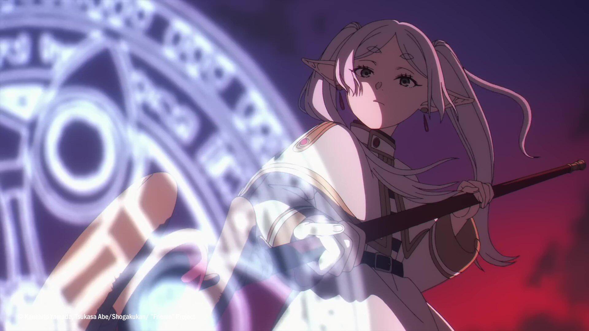 Anime HD PC desktop wallpaper: Frieren from Frieren: Beyond Journey's End — an elf-like sorceress in a cloak holds her staff as a glowing magic circle flares against a purple-red sky.