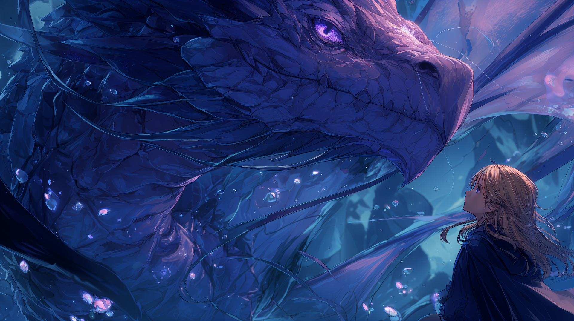 Anime fantasy 4K Ultra HD PC desktop wallpaper: a young woman gazes up at a majestic violet dragon amid glowing, ethereal blue forest-like waters.