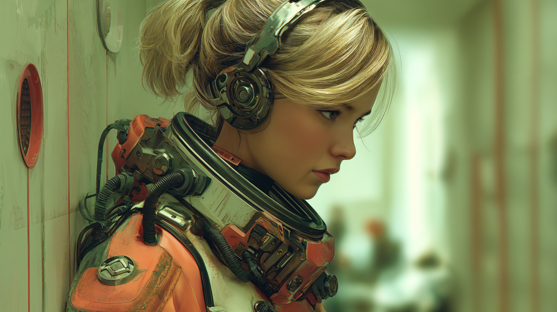 Sci‑Fi portrait of a scifi girl astronaut in an orange pressure suit and headset, thoughtful expression in a moody green corridor — 4K Ultra HD PC desktop wallpaper.