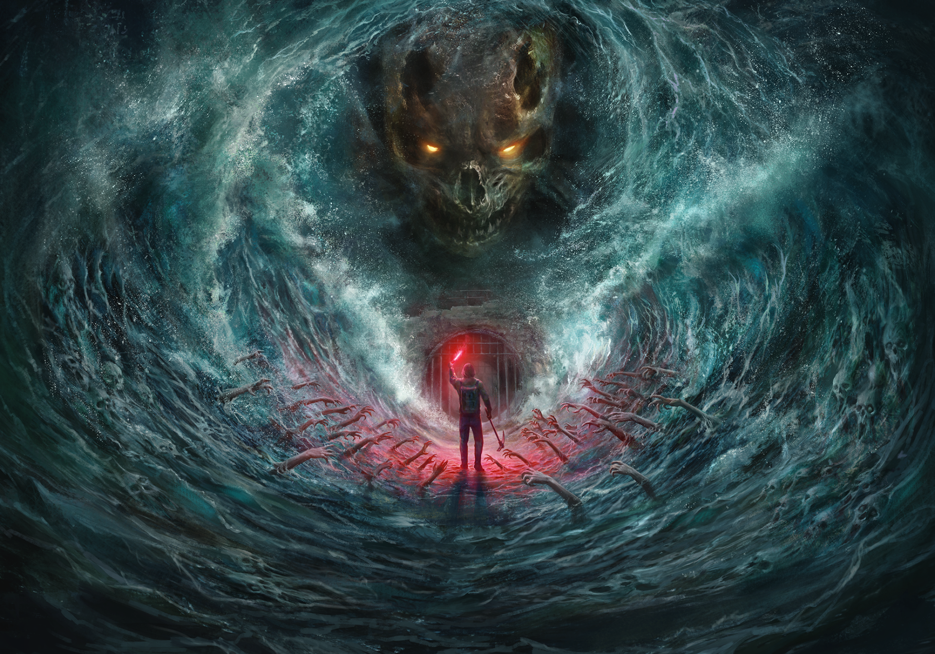 HD PC desktop wallpaper/background for Dark Gaming video game Total Chaos: a lone figure with red light stands at the eye of a swirling ocean storm shaped like a glowing skull.