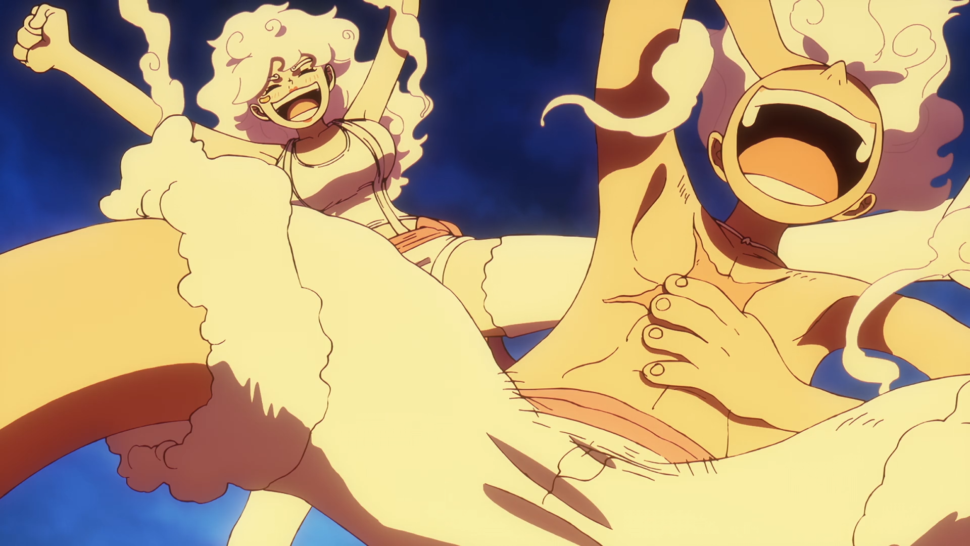 HD PC desktop wallpaper of Anime One Piece showing Jewelry Bonney and Monkey D. Luffy in Gear 5 laughing exuberantly against a bright blue sky.