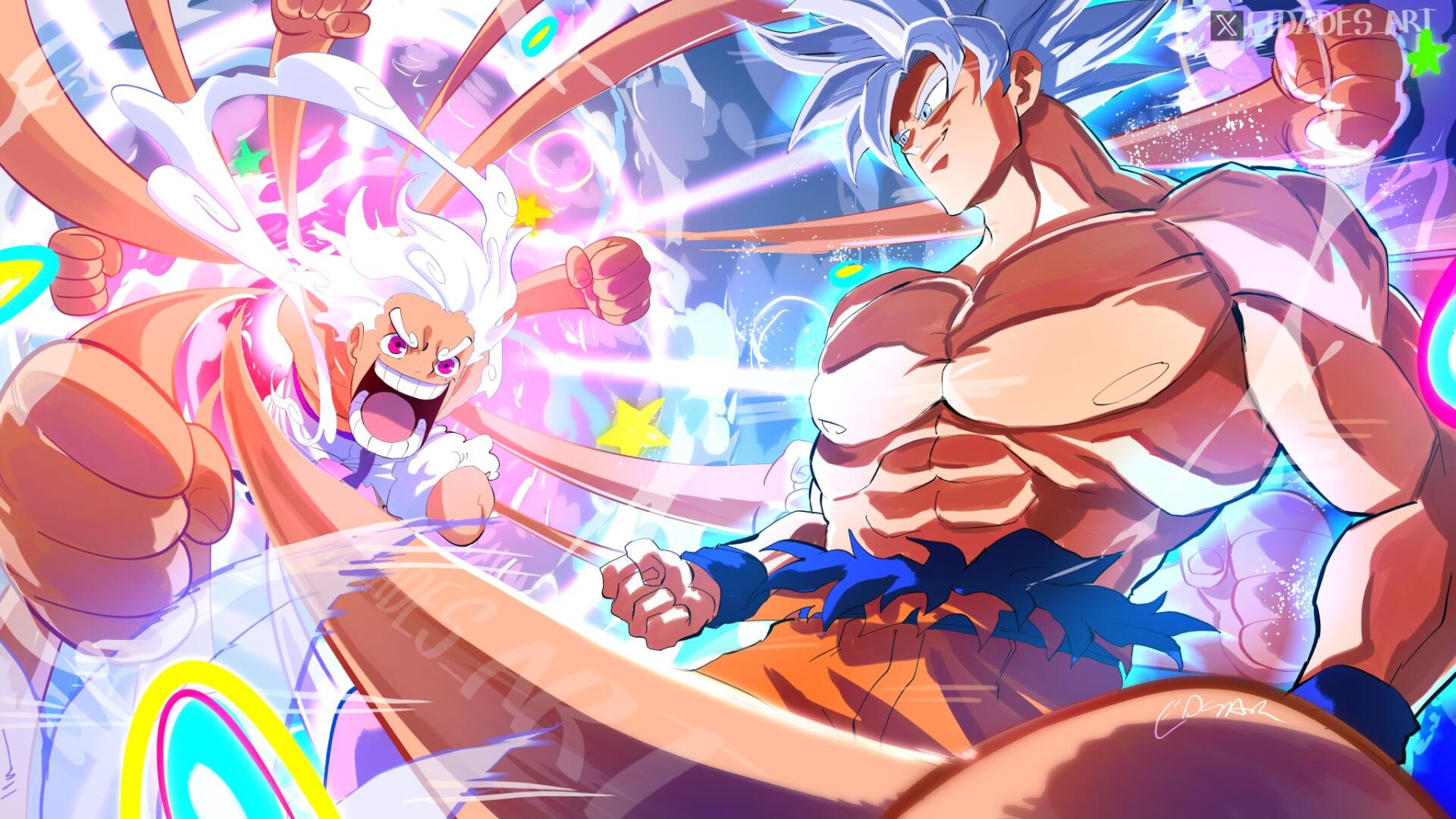HD anime desktop wallpaper: Goku (Super Saiyan Blue) and Monkey D. Luffy clash in a colorful, high-energy crossover scene from Dragon Ball and One Piece.