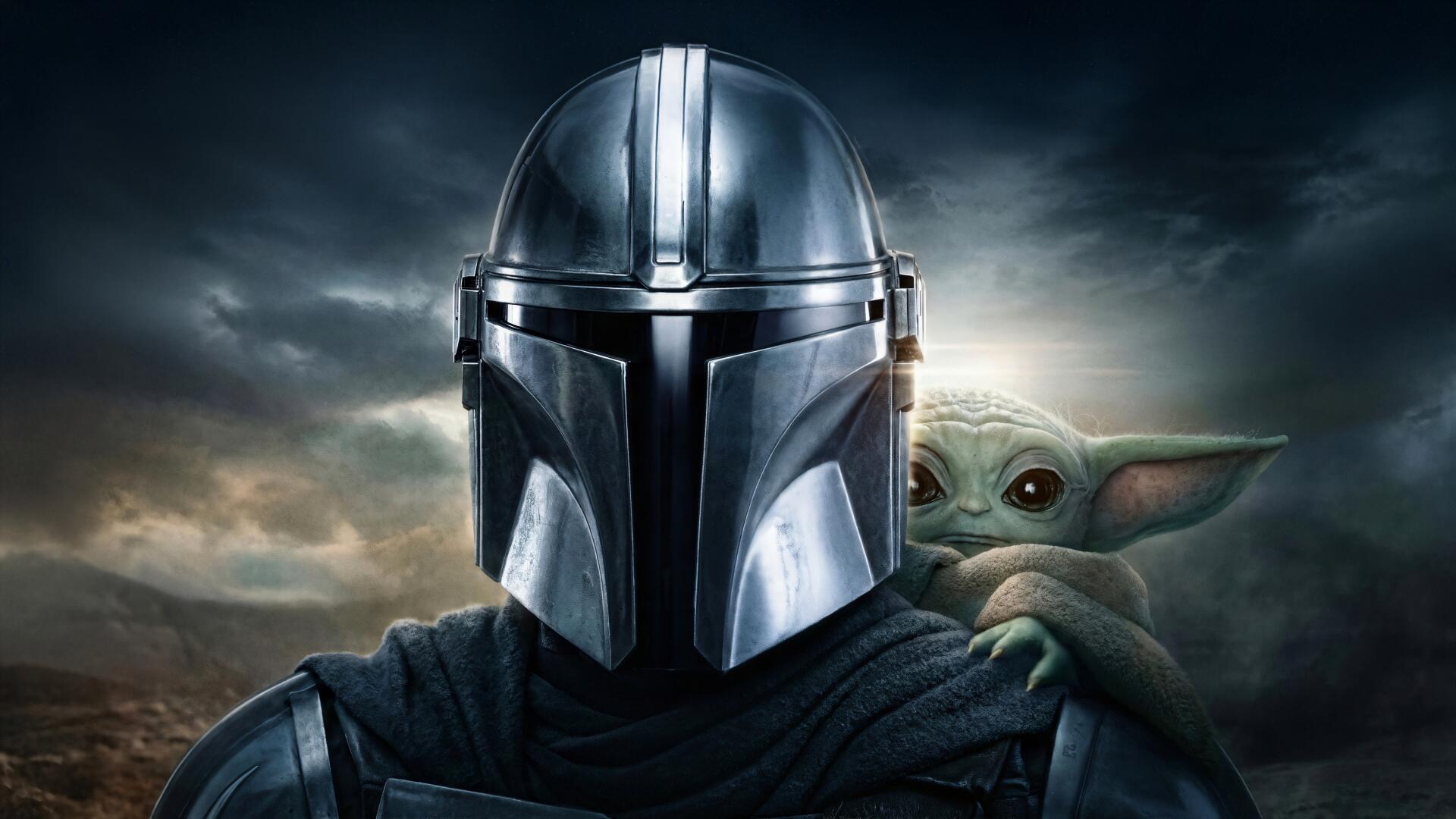 5K Ultra HD PC desktop background: The Mandalorian in chrome helmet with Grogu peeking over his shoulder against a dramatic, stormy sky.