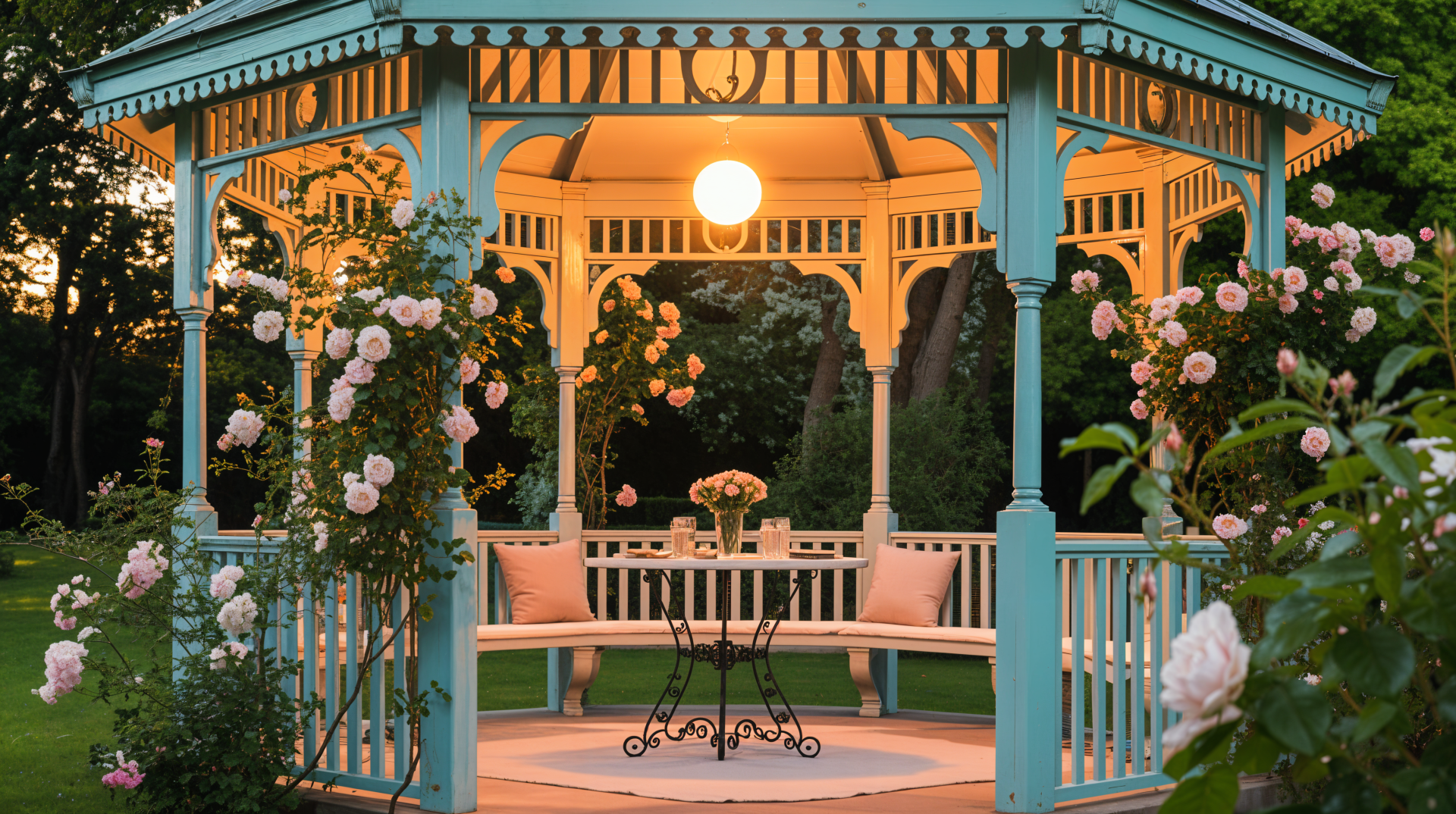 Teal garden gazebo framed by climbing roses, cushioned benches and a lit lantern above a small table — 4K Ultra HD PC Desktop Wallpaper and Background.