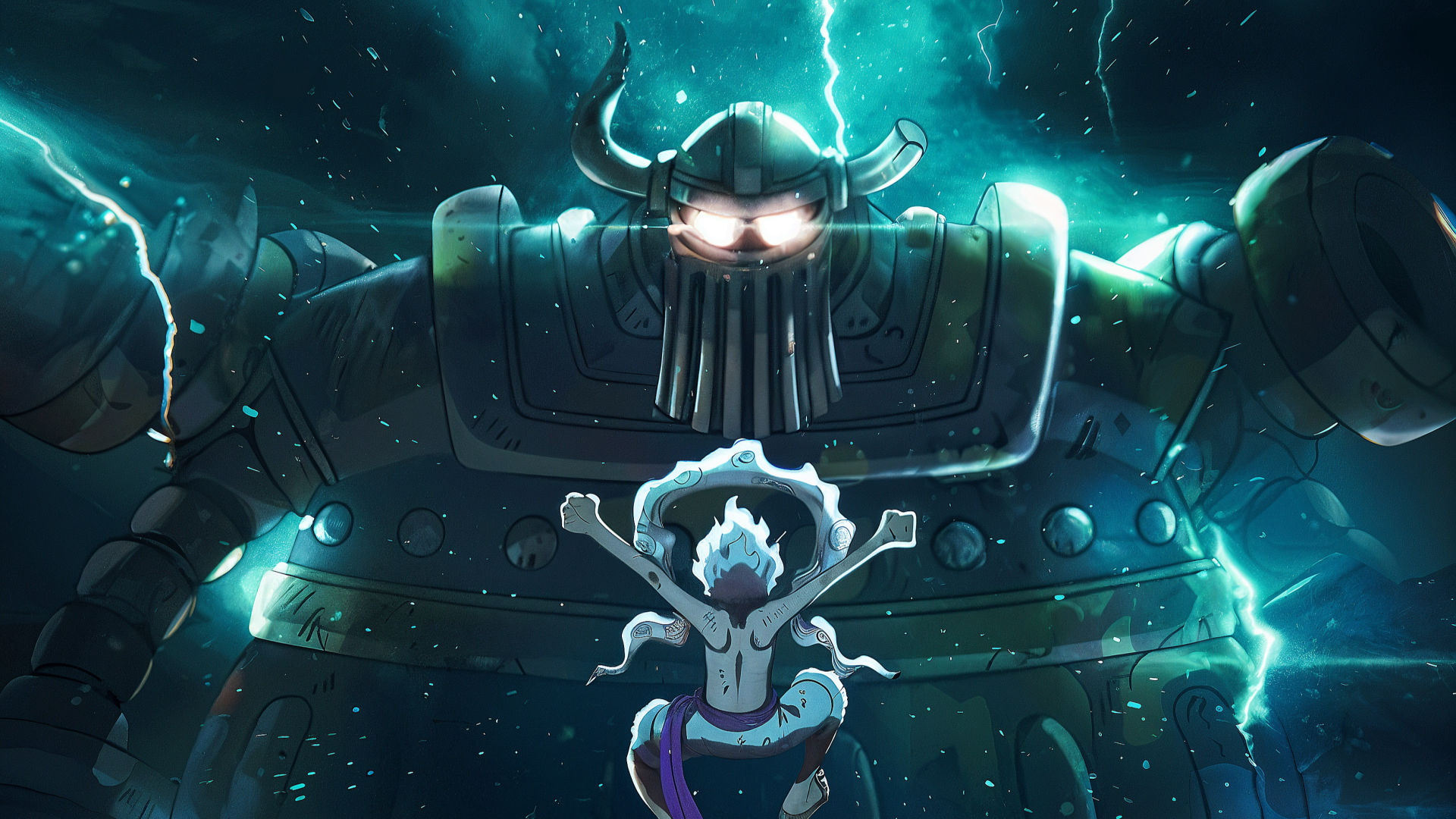 One Piece 2K Quad HD PC desktop wallpaper/background: lightning-charged scene of a small pirate leaping toward a towering armored behemoth amid a stormy, electric-blue sky.