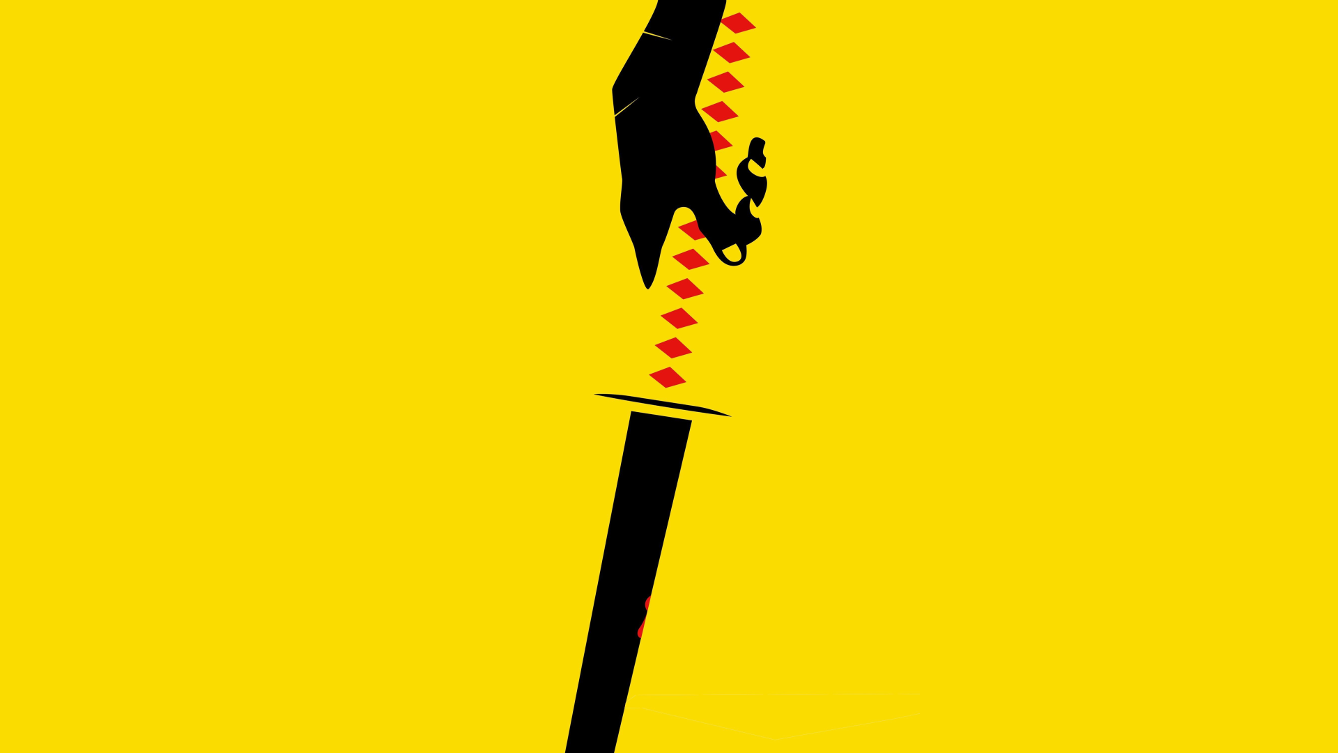 Kill Bill: Vol. 1 5K Ultra HD PC desktop wallpaper — minimalist black hand gripping a katana, red droplets falling on a vivid yellow background.