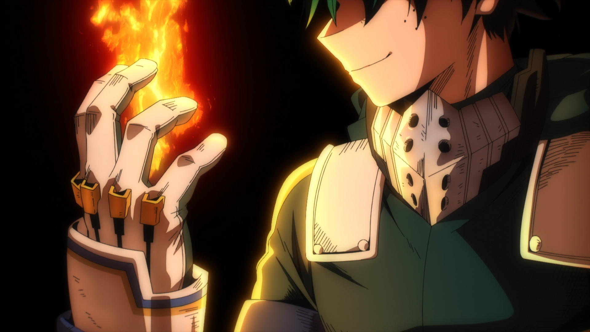 Anime HD PC desktop wallpaper of Izuku Midoriya from My Hero Academia, smirking as a fiery orange glow erupts from his gloved hand against a dark backdrop.