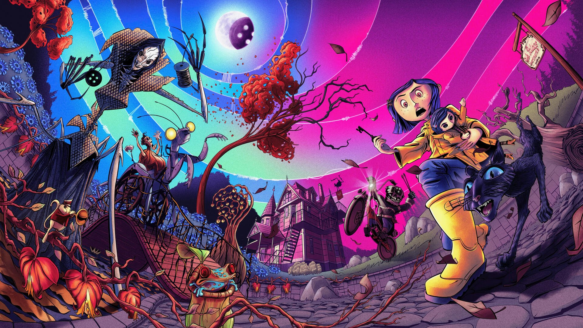 Coraline in a yellow raincoat clutching her dog amid a surreal, neon-hued world of button-eyed creatures, twisted houses and a swirling sky — 8K Ultra HD PC desktop wallpaper/background.