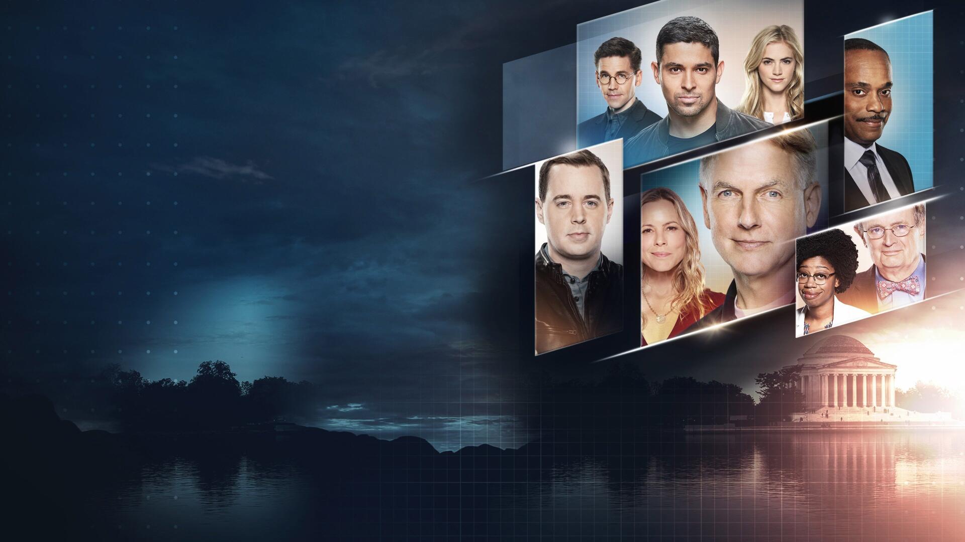 NCIS 4K Ultra HD PC wallpaper: moody night waterfront with a glowing collage of the show's cast portraits layered over a Washington skyline.